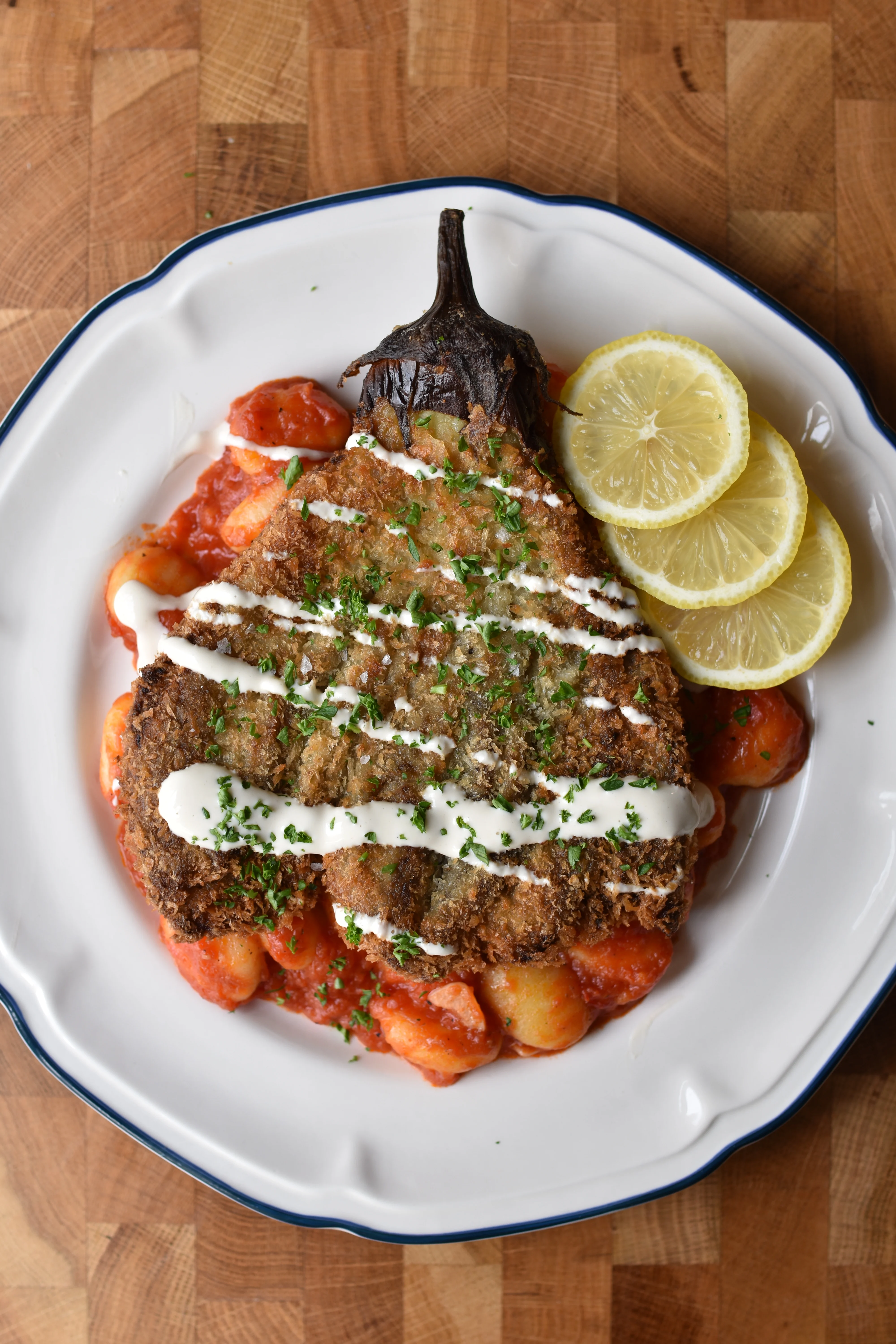 aubergine-schnitzel-with-gnocchi-in-tomato-pepper-sauce