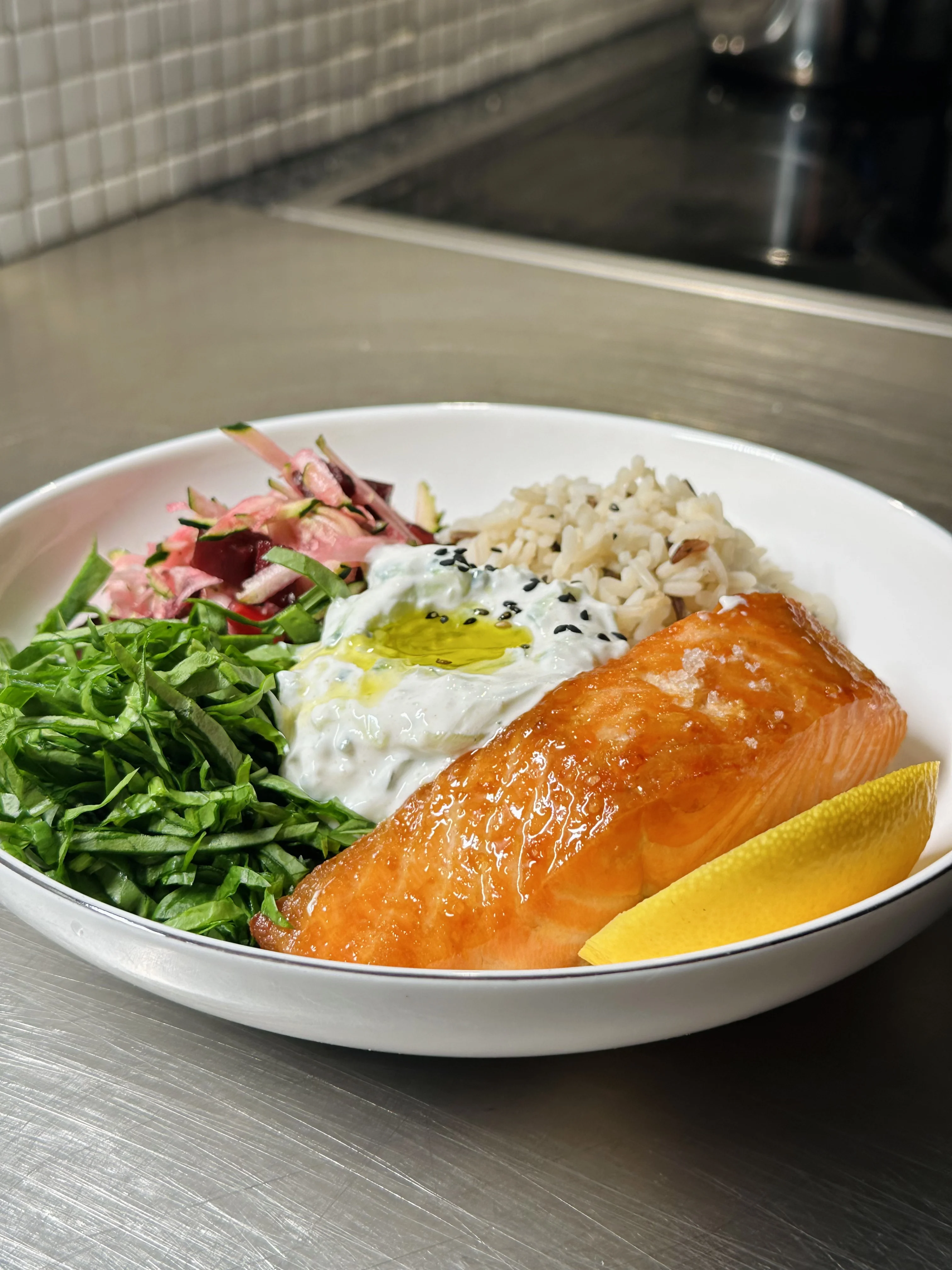 protein-salmon-bowl-with-wild-rice-and-tzatziki