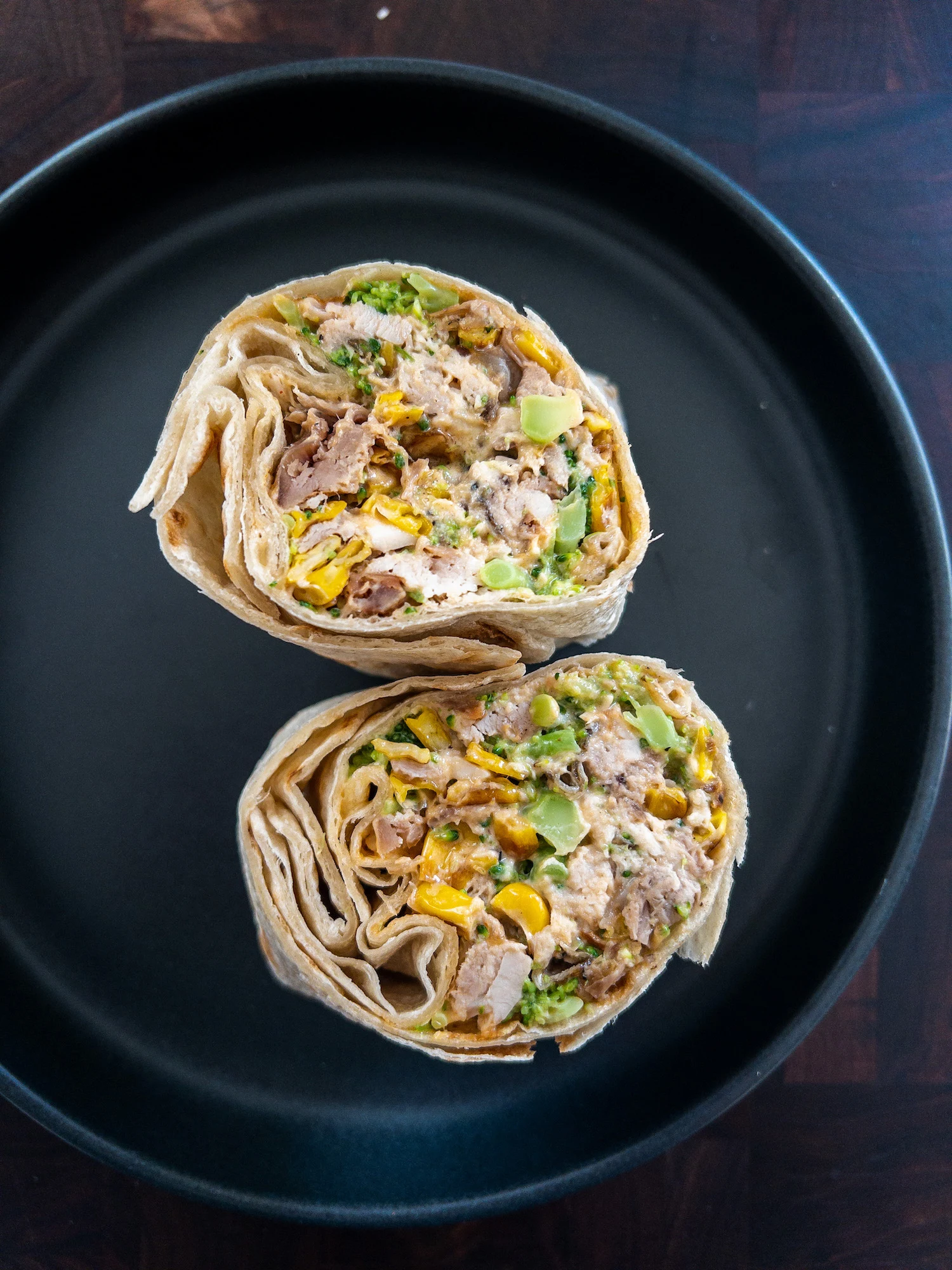 slow-cooked-chicken-broccoli-and-blackened-corn-burritos
