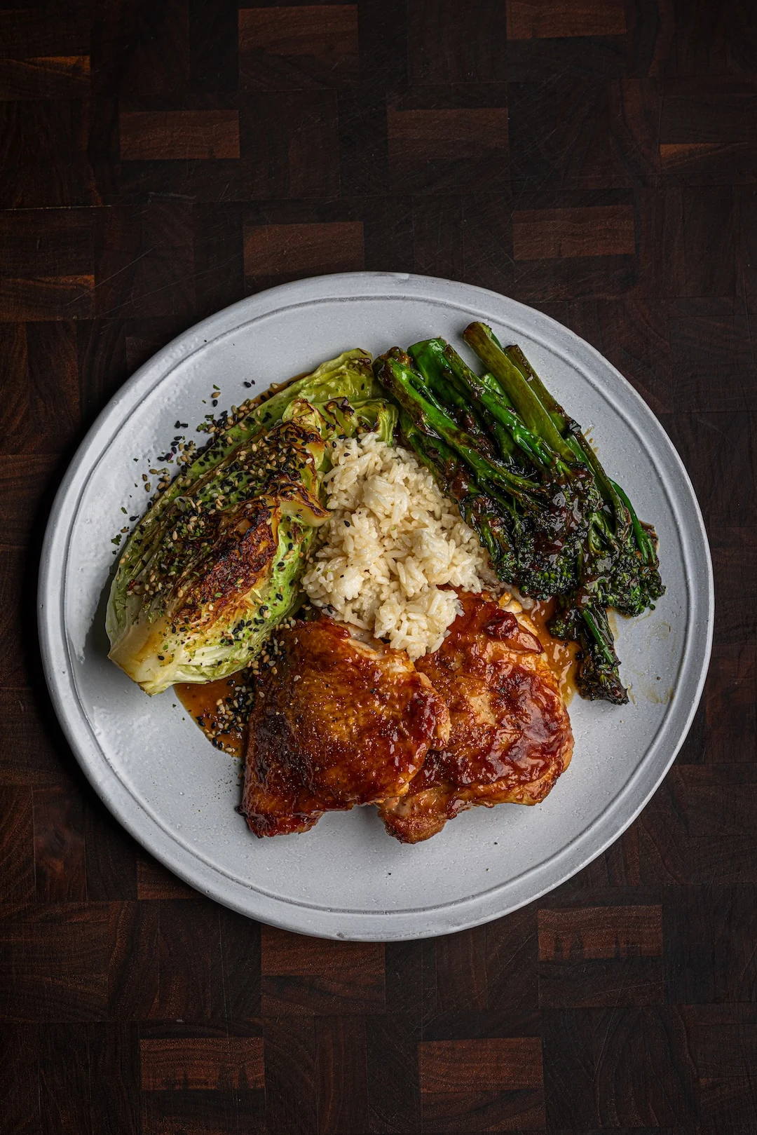 oyster-sauce-chicken-thighs-with-pan-sauce-miso-cabbage-and-garlic-ginger-broccoli