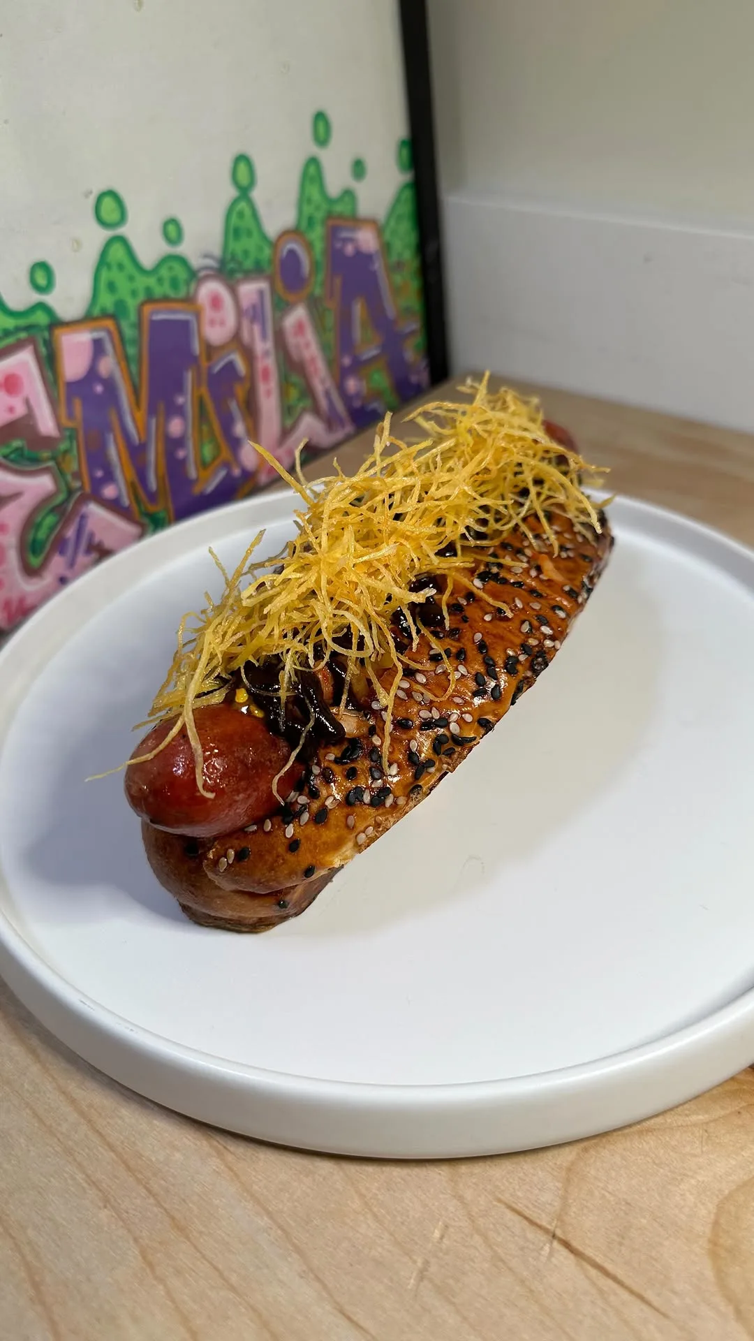 gourmet-hot-dog-with-black-garlic-ketchup-and-kimchi