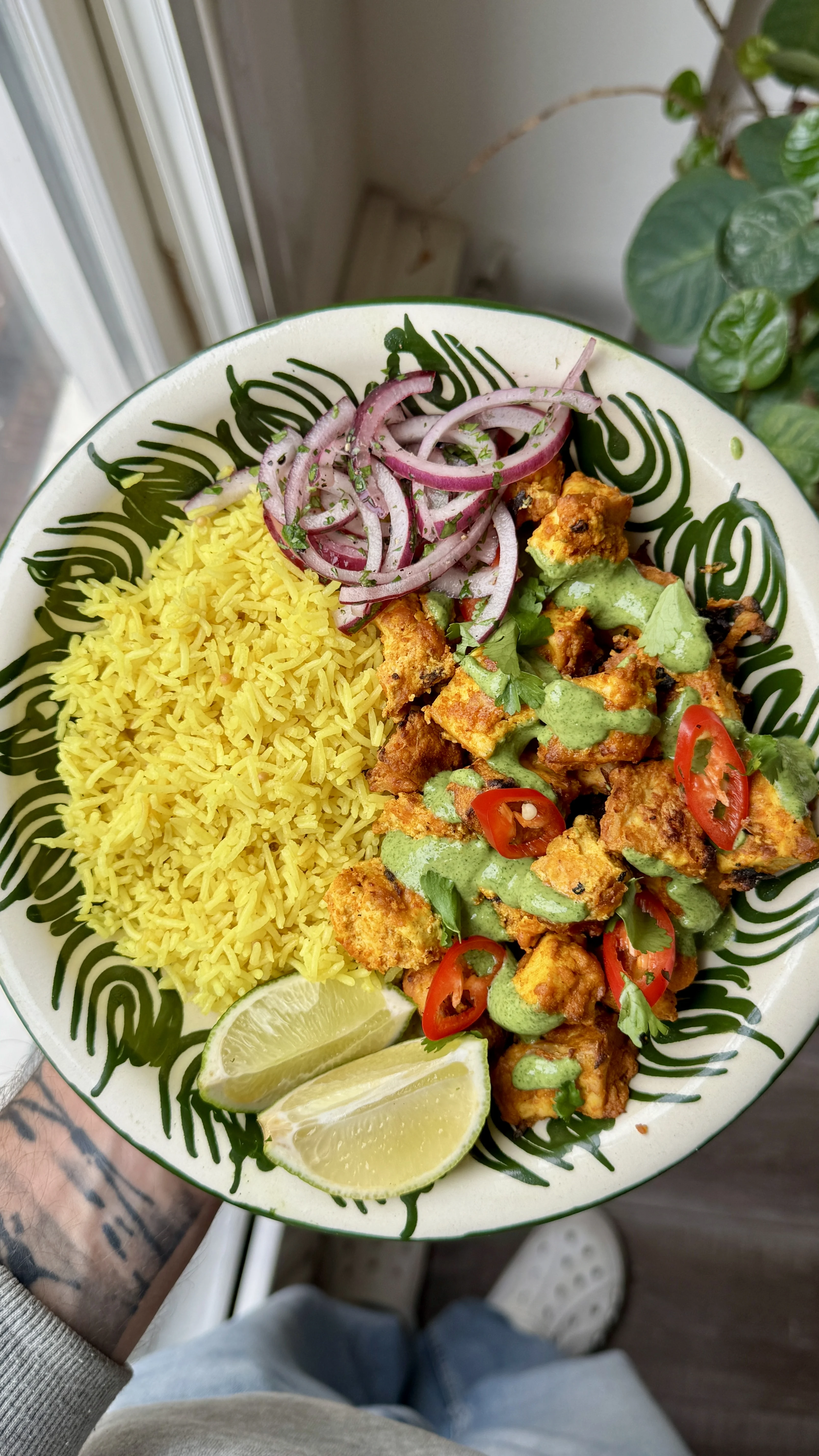 tandoori-tofu-with-indian-turmeric-rice-and-mint-chutney