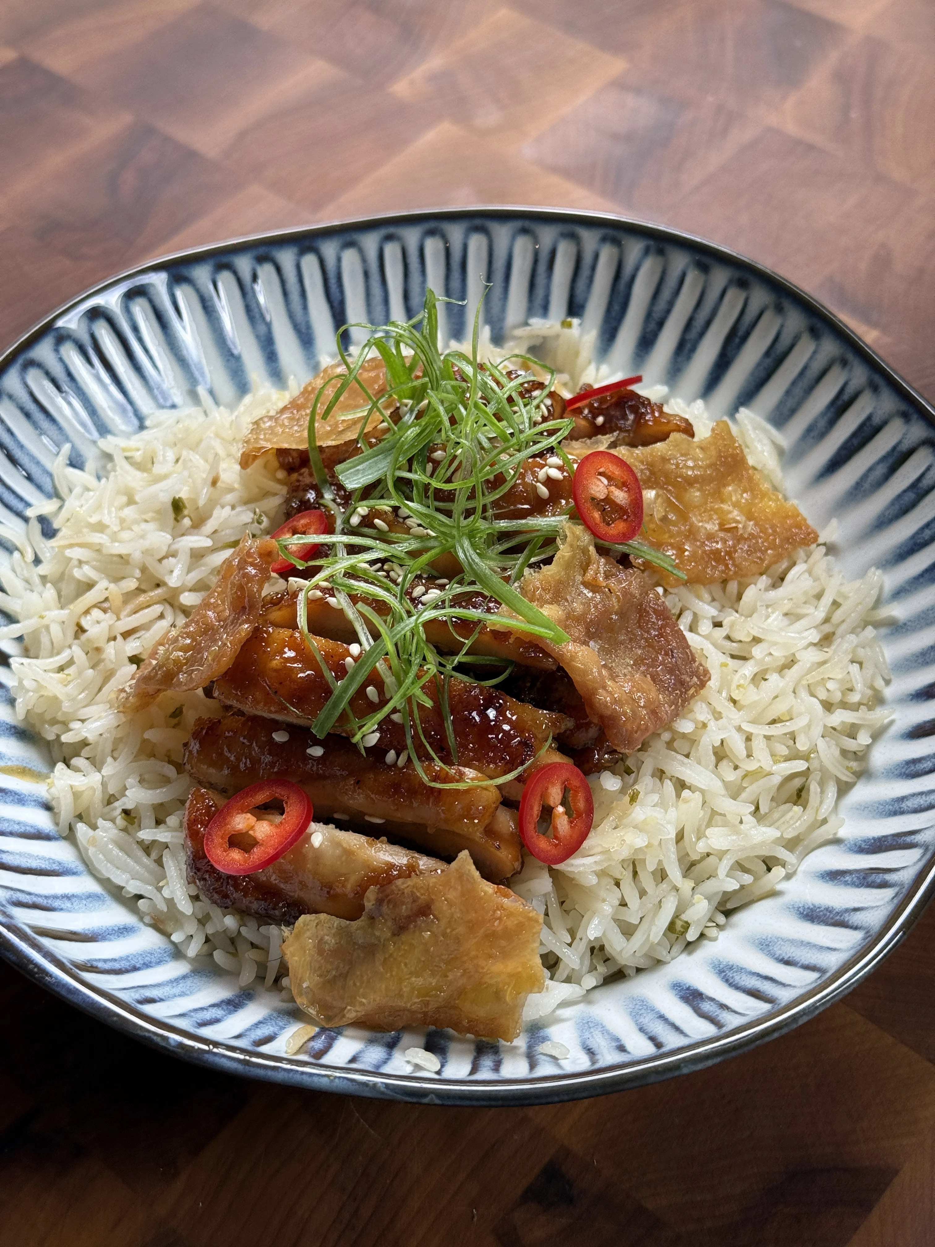 spicy-chicken-teriyaki-with-scallion-ginger-rice-and-crispy-chicken-skin