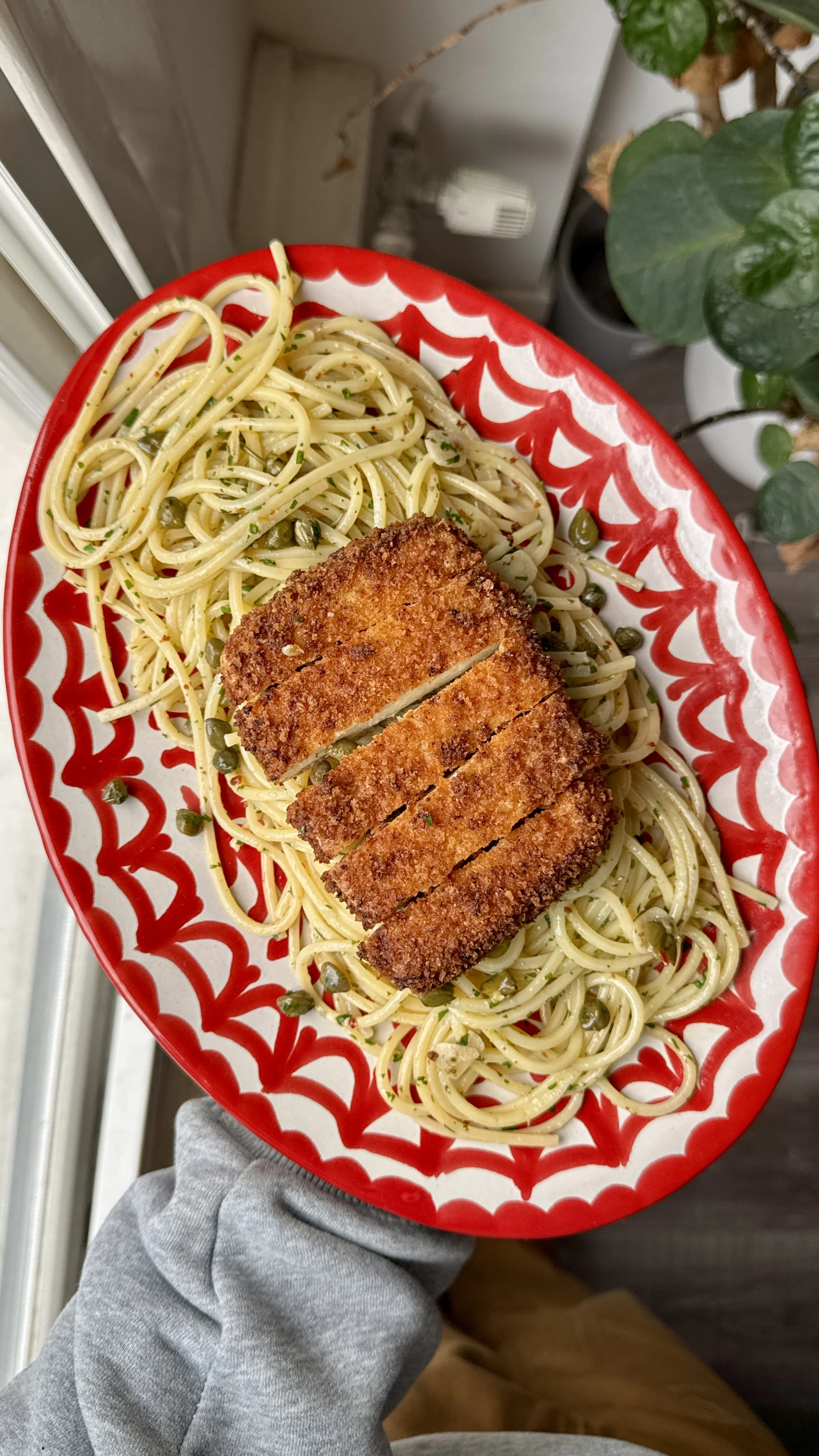 crispy-tofu-cutlet-with-lemon-caper-pasta