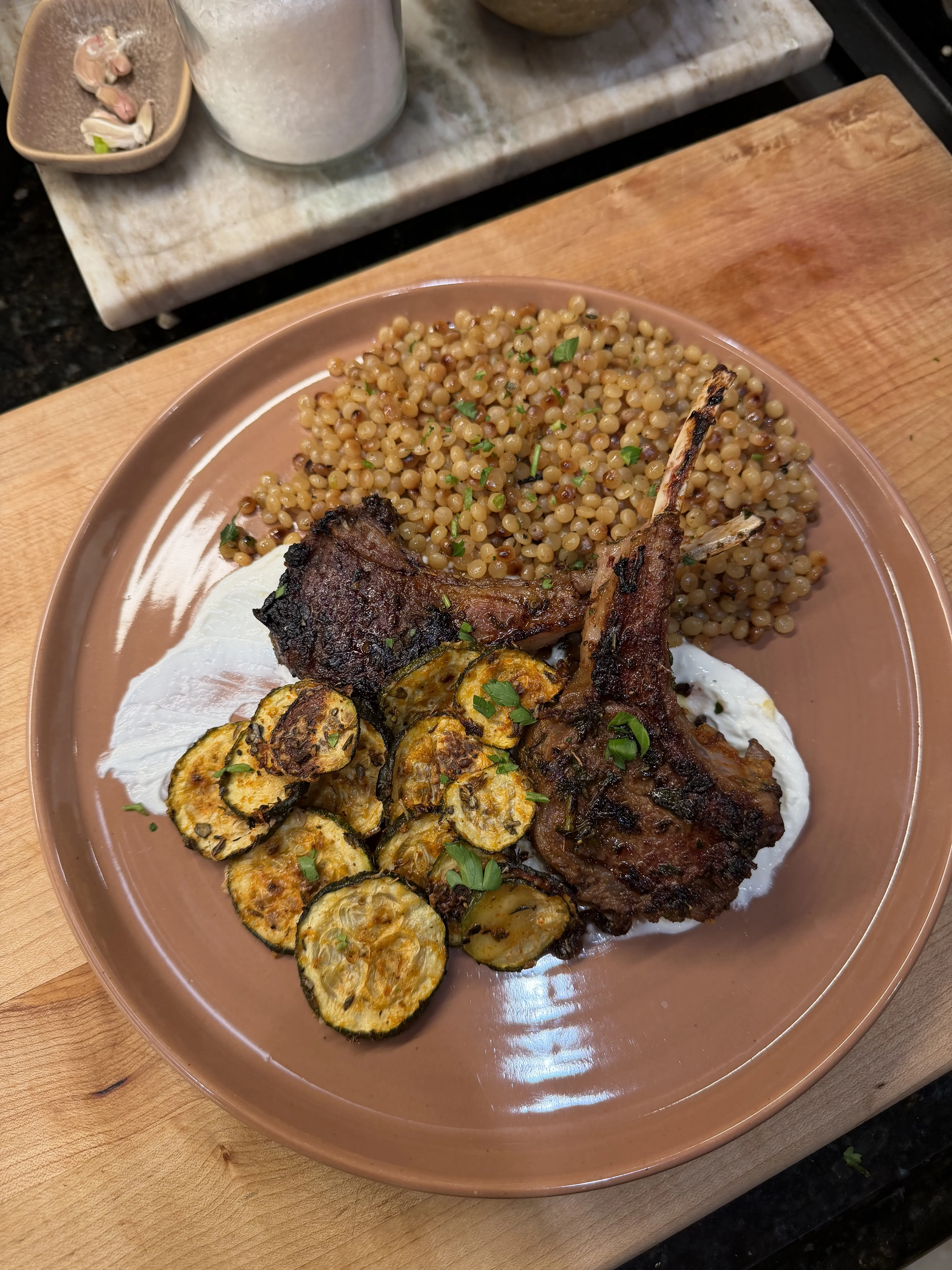 greek-lamb-chops-with-zucchini-chips-bone-broth-couscous-and-homemade-tzatziki