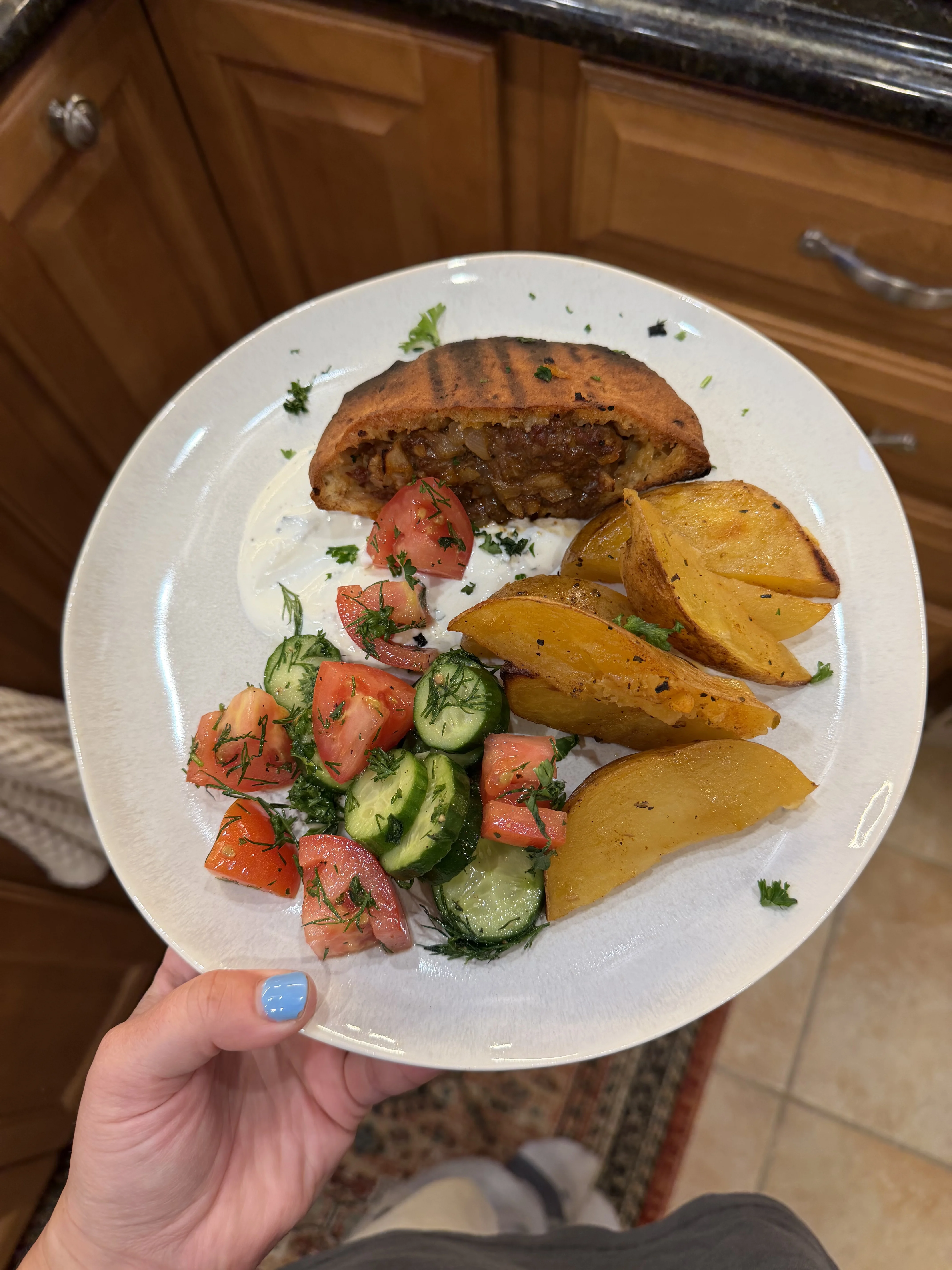 grilled-beef-arayes-with-tahini-yogurt-dip-cucumber-tomato-salad-and-greek-lemon-potatoes