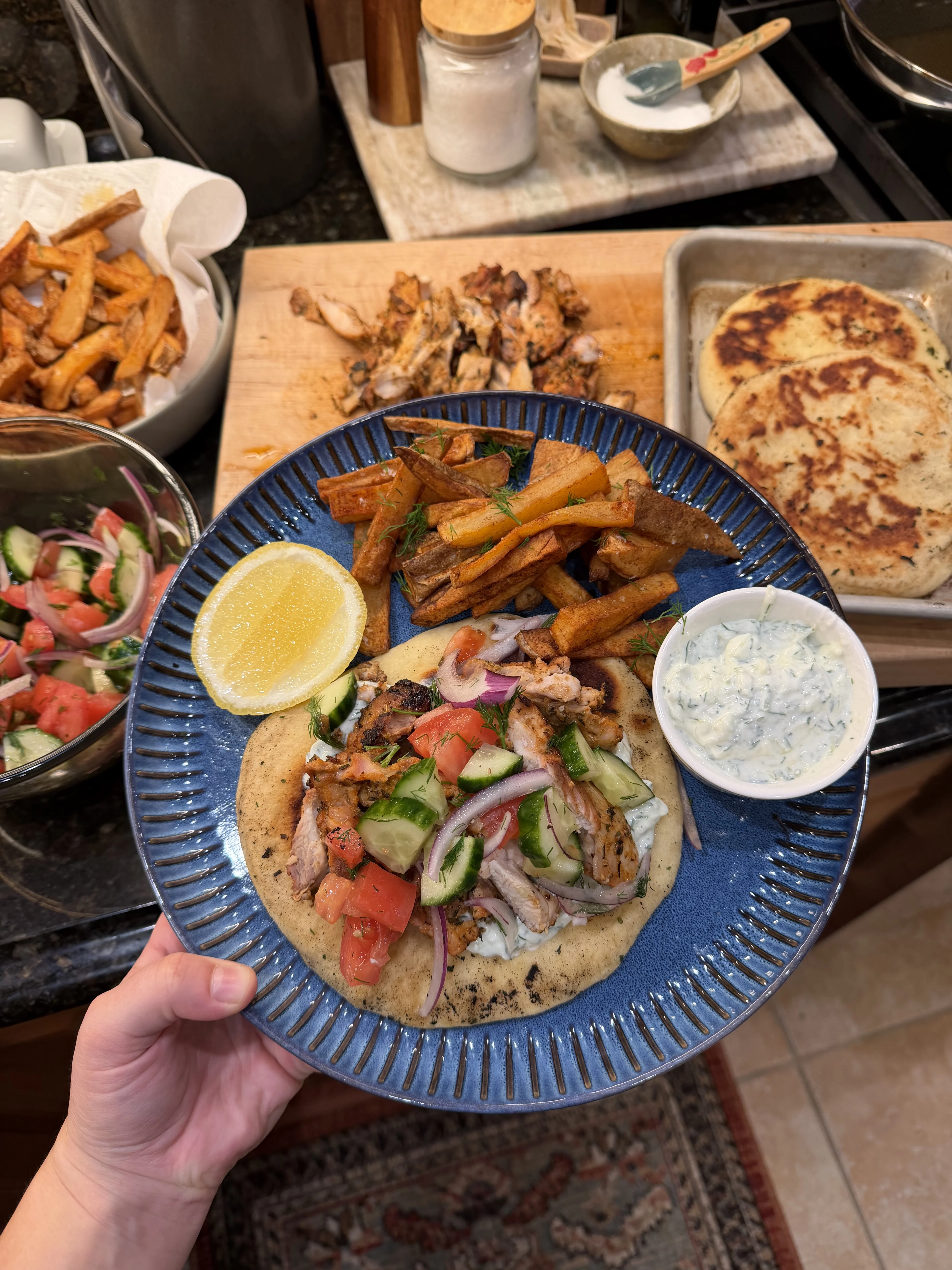 grilled-chicken-gyros-with-homemade-pita-tzatziki-and-cucumber-tomato-salad