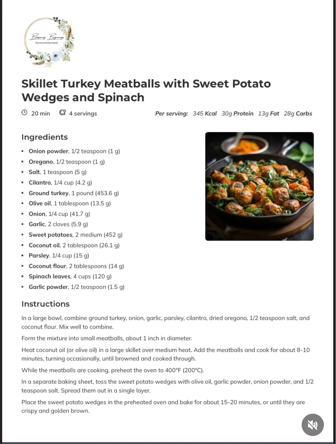 turkey-meatball-skillet-with-sweet-potato-wedges-and-spinach