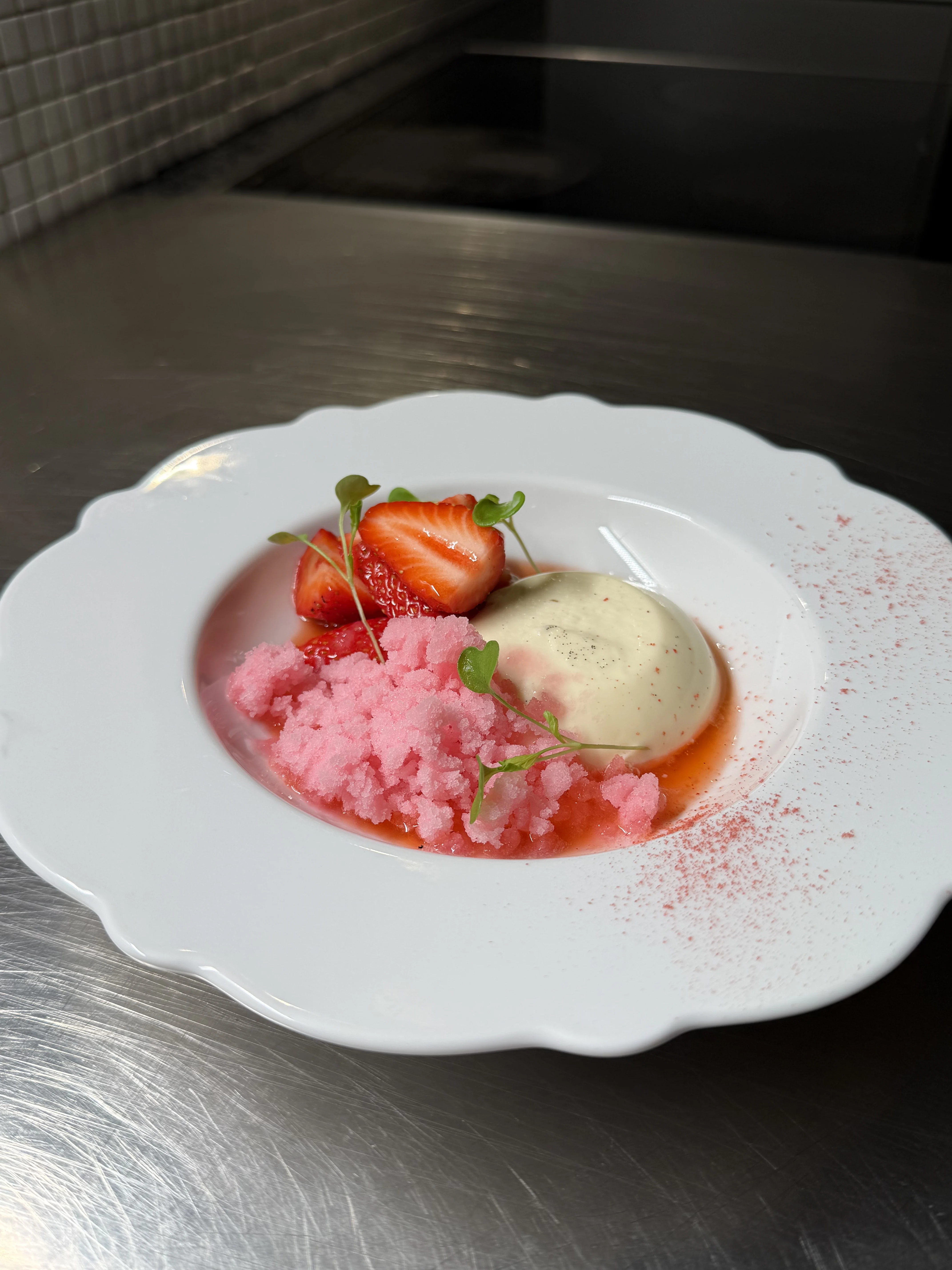 vanilla-and-white-chocolate-panna-cotta-with-strawberry-consomme-and-rhubarb-granita