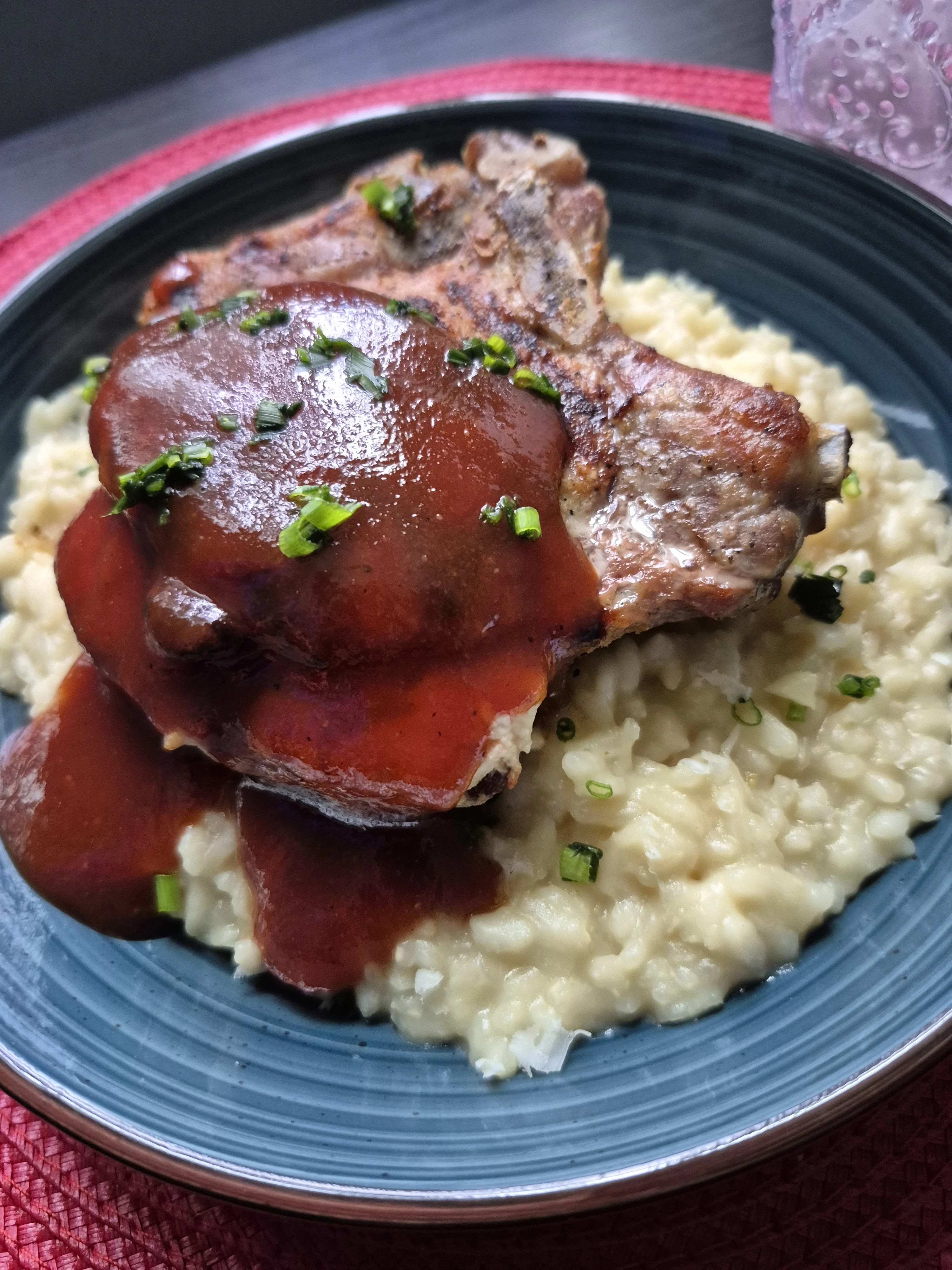 caramelize-onion-rissotto-and-cheese-and-plantain-filled-pork-chop-with-guava-sauce