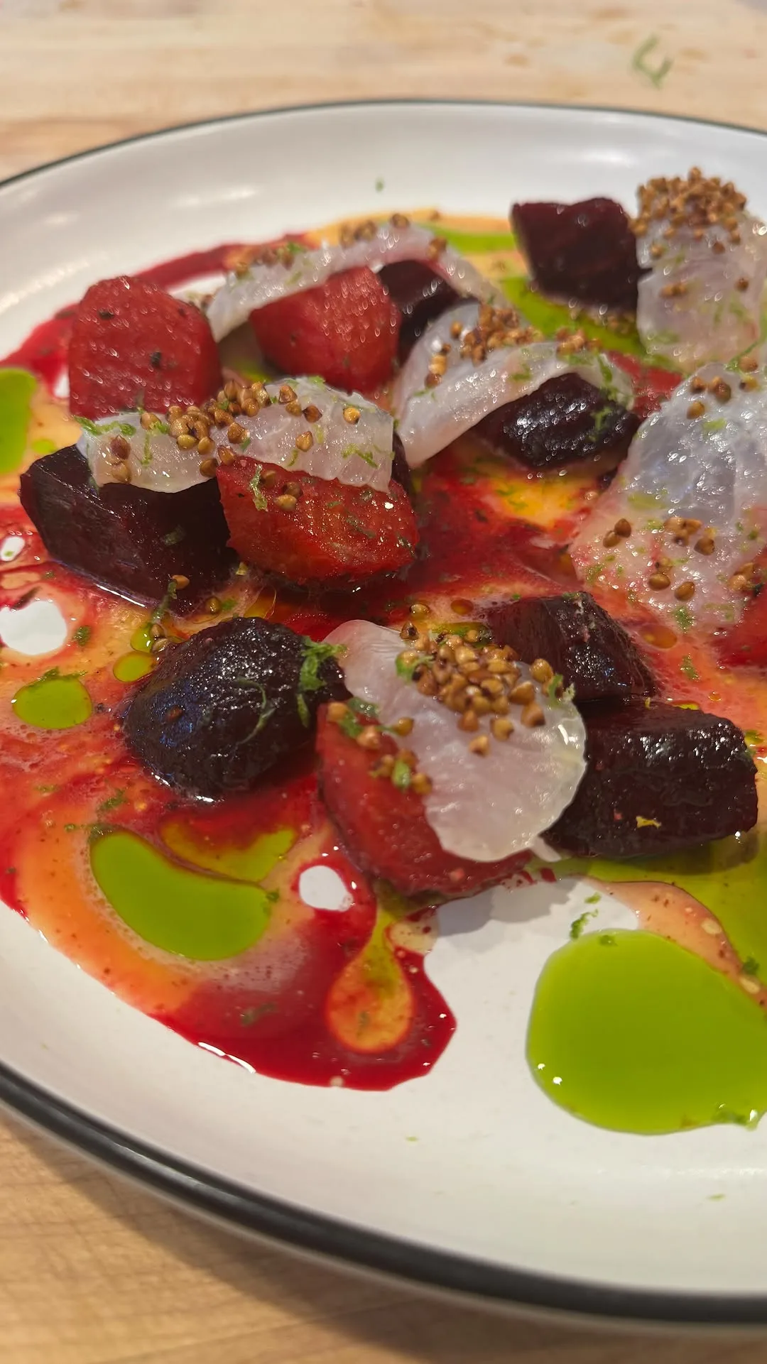 striped-jack-crudo-with-beets-pineapple-chile-vinaigrette-and-puffed-buckwheat
