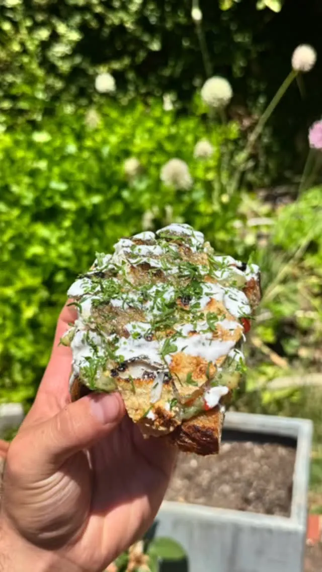 smoked-fish-bruschetta-with-charred-eggplant-salad-and-sour-labneh