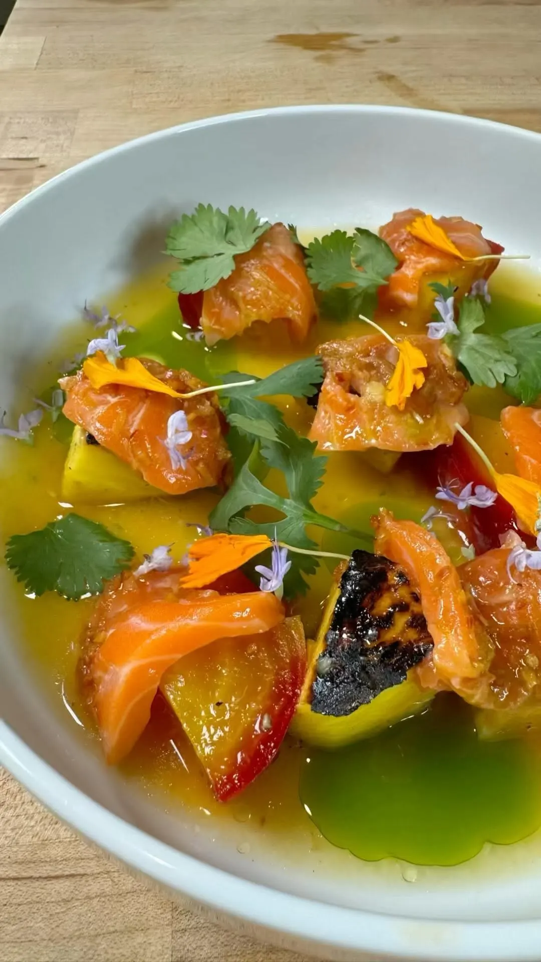 ora-king-salmon-ceviche-with-charred-pineapple-roasted-beets-pineapple-chile-vinaigrette-and-serranocilantro-oil