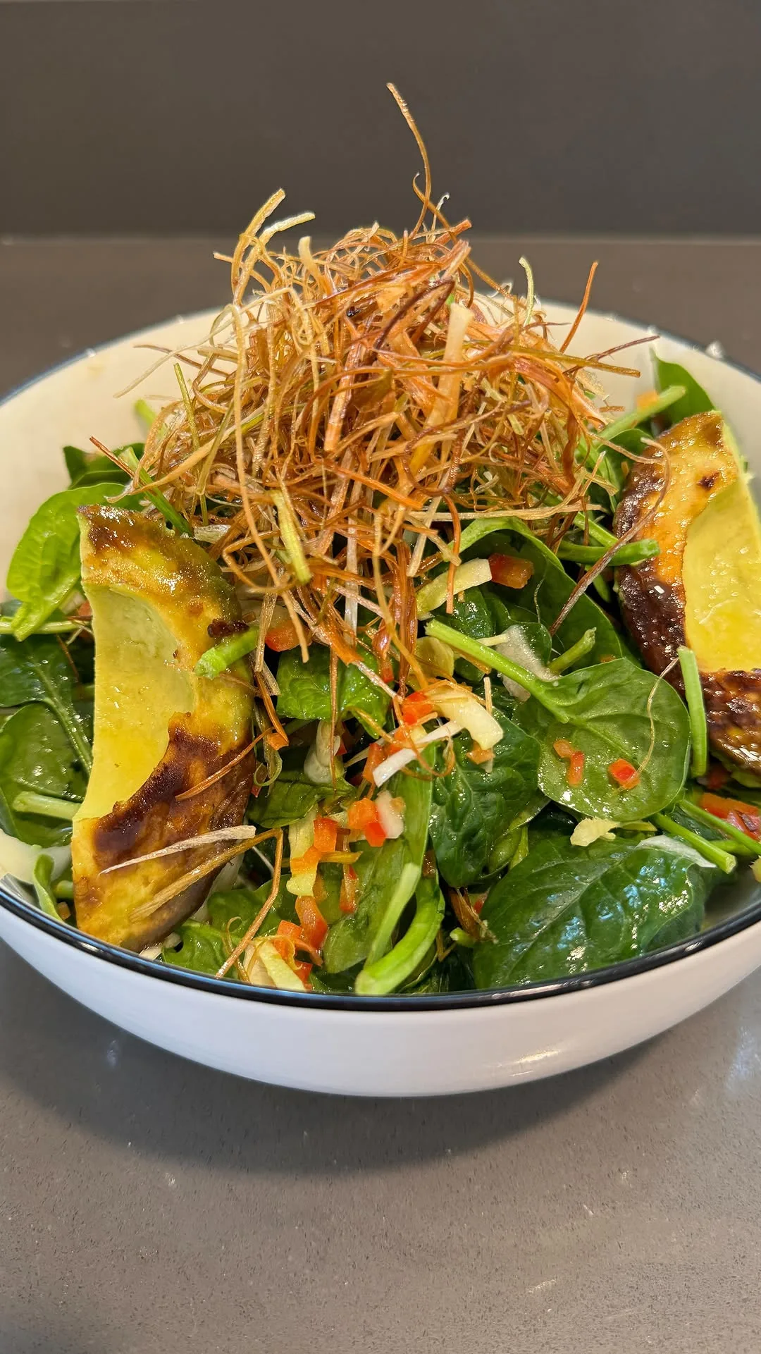 spinach-salad-endive-miso-vinaigrette-charred-avocado