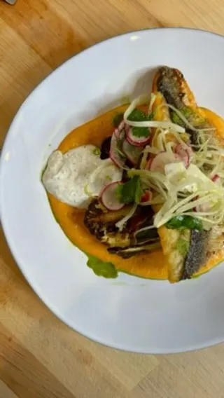 summer-freestyle:-crispy-branzino-with-smoked-romesco-charred-cauliflower-cilantro-coulis-and-dill-yogurt