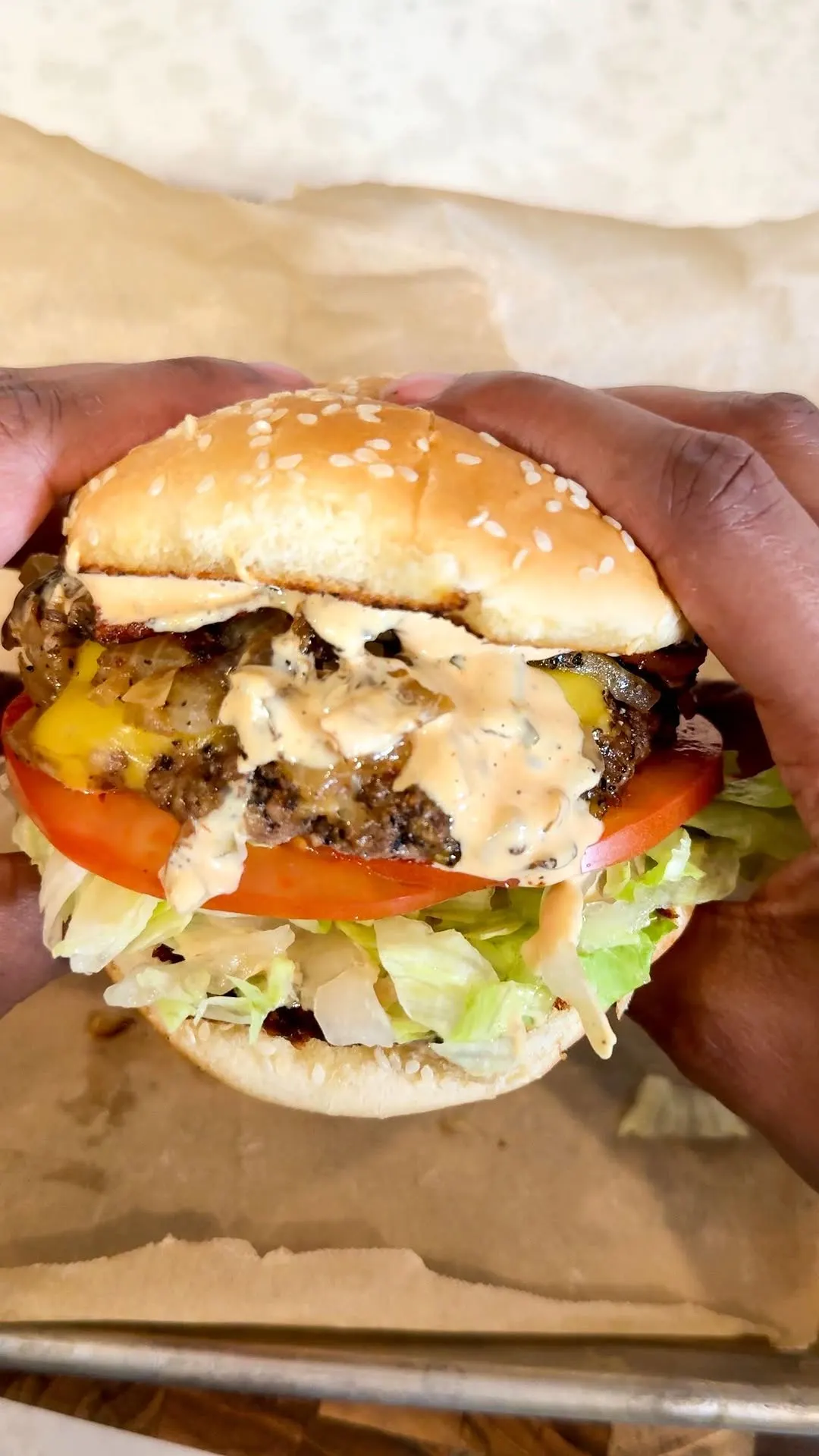 homemade-smash-burger-(blackstone)-with-bacon-mushrooms-onions-mac-sauce-and-cheese