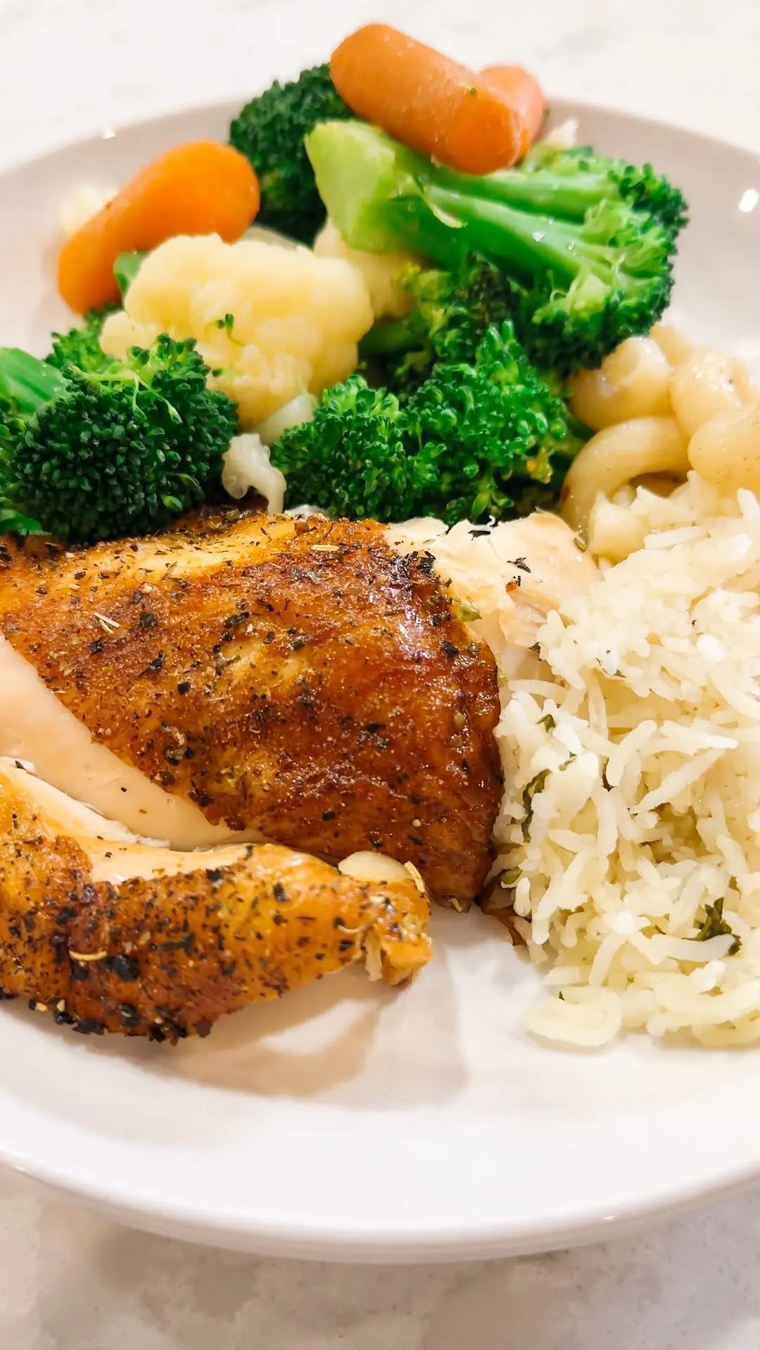 low-energy-meal:-rotisserie-chicken-steamable-veggies-and-butter-noodlesrice