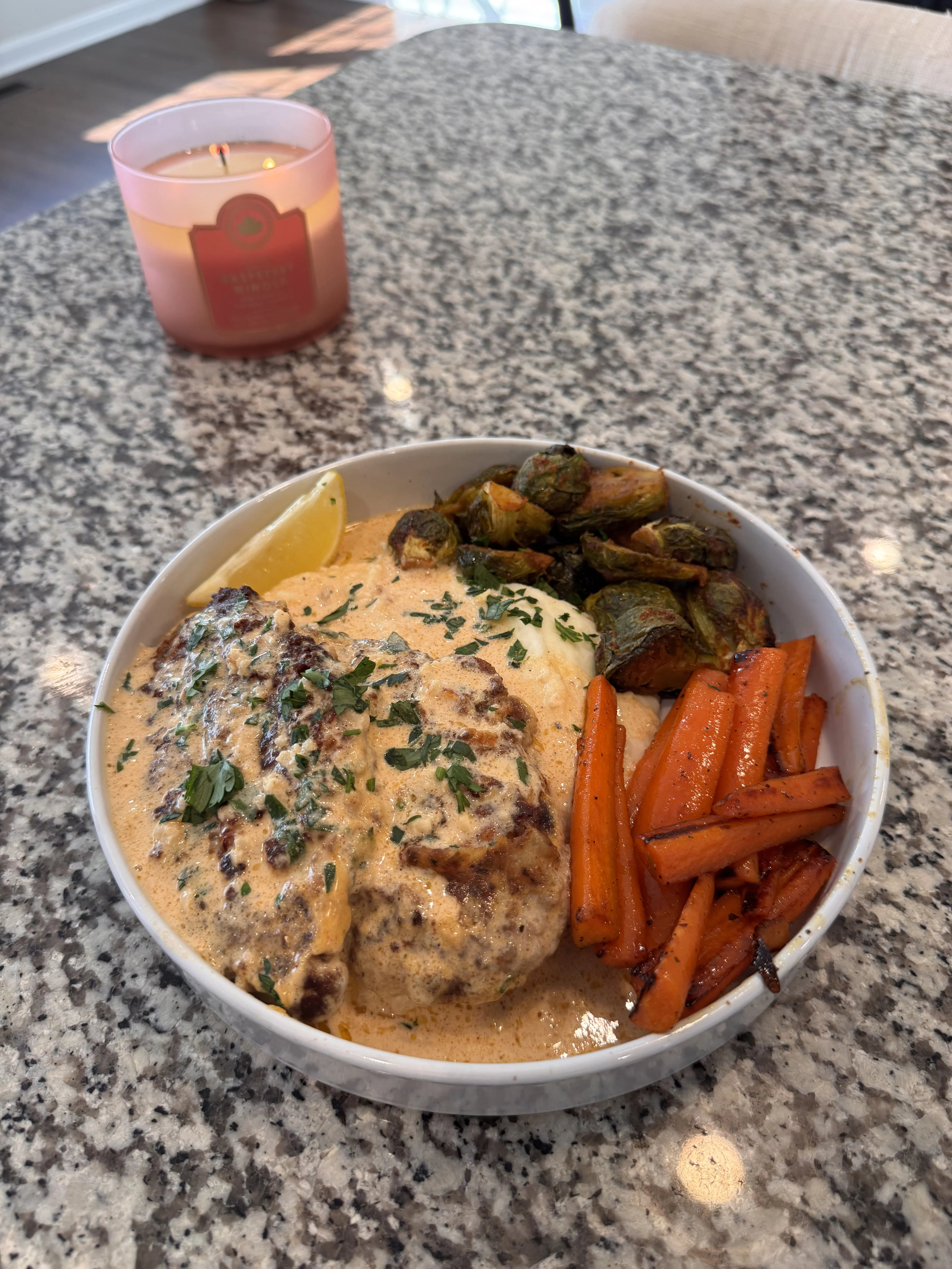 creamy-garlic-chicken-with-mashed-potatoes-carrots-and-brussel-sprouts.