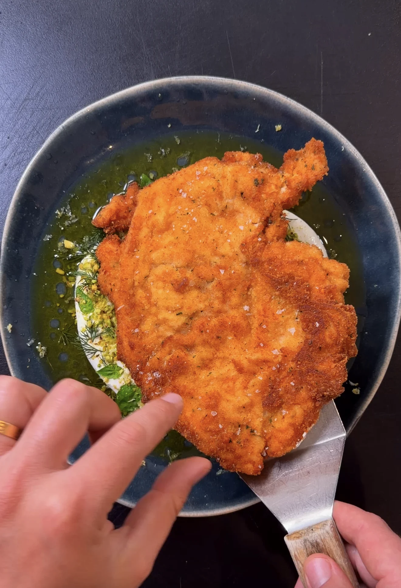 crispy-chicken-cutlet-with-whipped-cheese-herbs-and-pistachio