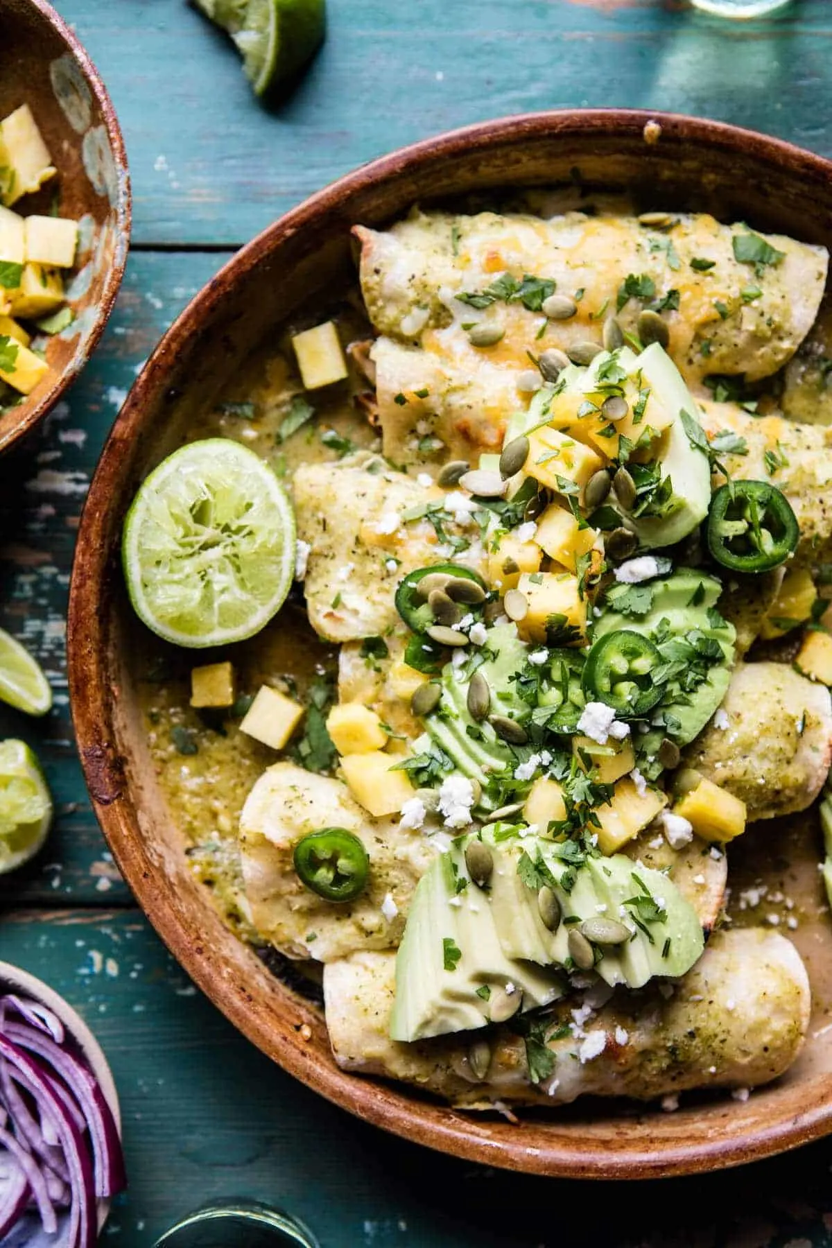 lightened-up-salsa-verde-chicken-enchiladas-with-pineapple-avocado-salsa
