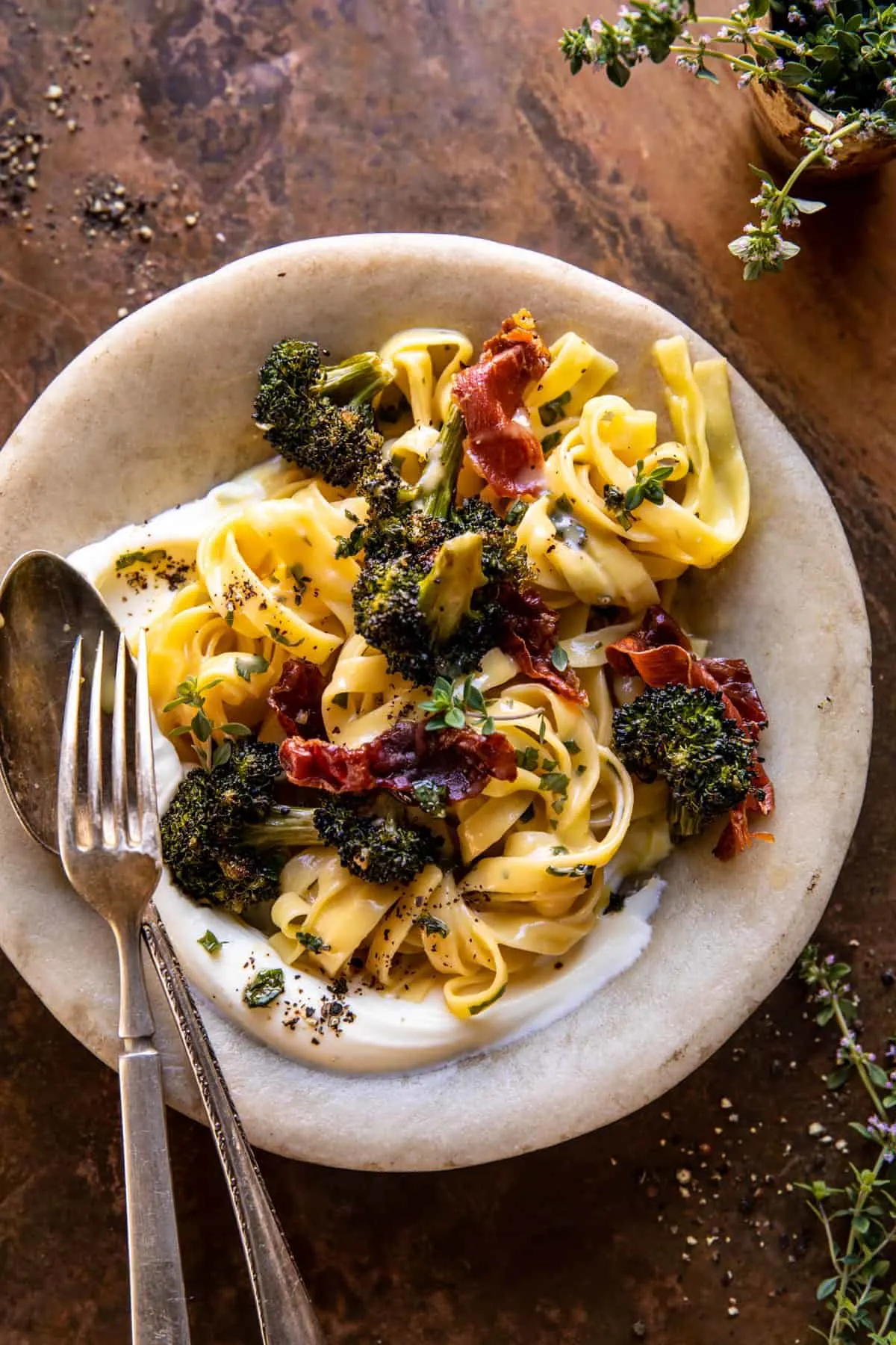 roasted-broccoli-pasta-carbonara-with-crispy-prosciutto-and-whipped-ricotta