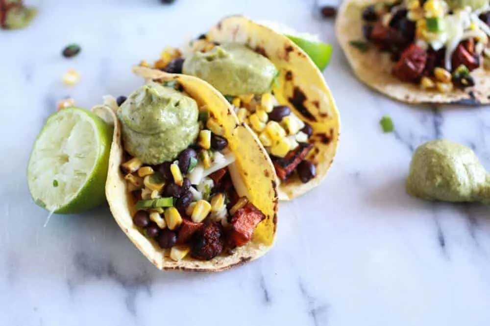 sweet-potato-chorizo-tacos-with-black-bean-salsa-and-roasted-poblano-avocado-crema