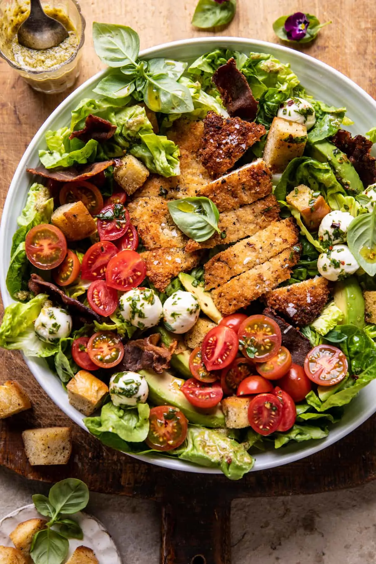 crispy-italian-chicken-and-bacon-salad-with-tahini-pesto-dressing-and-sourdough-croutons