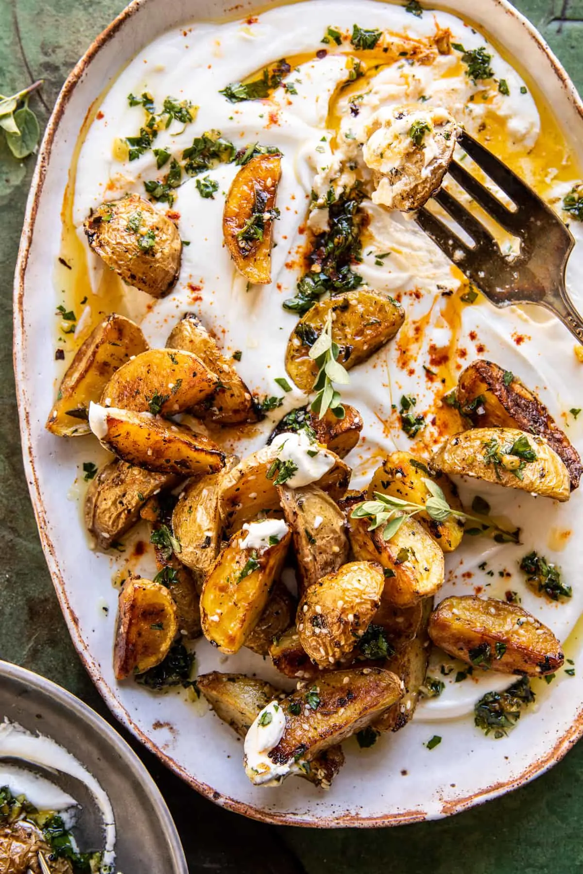 crispy-oregano-roasted-potatoes-with-creamy-feta-sauce