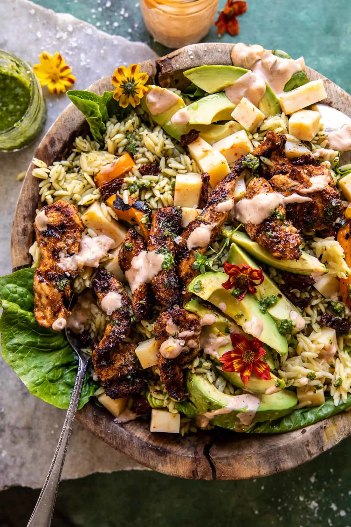 pesto-chicken-avocado-orzo-salad