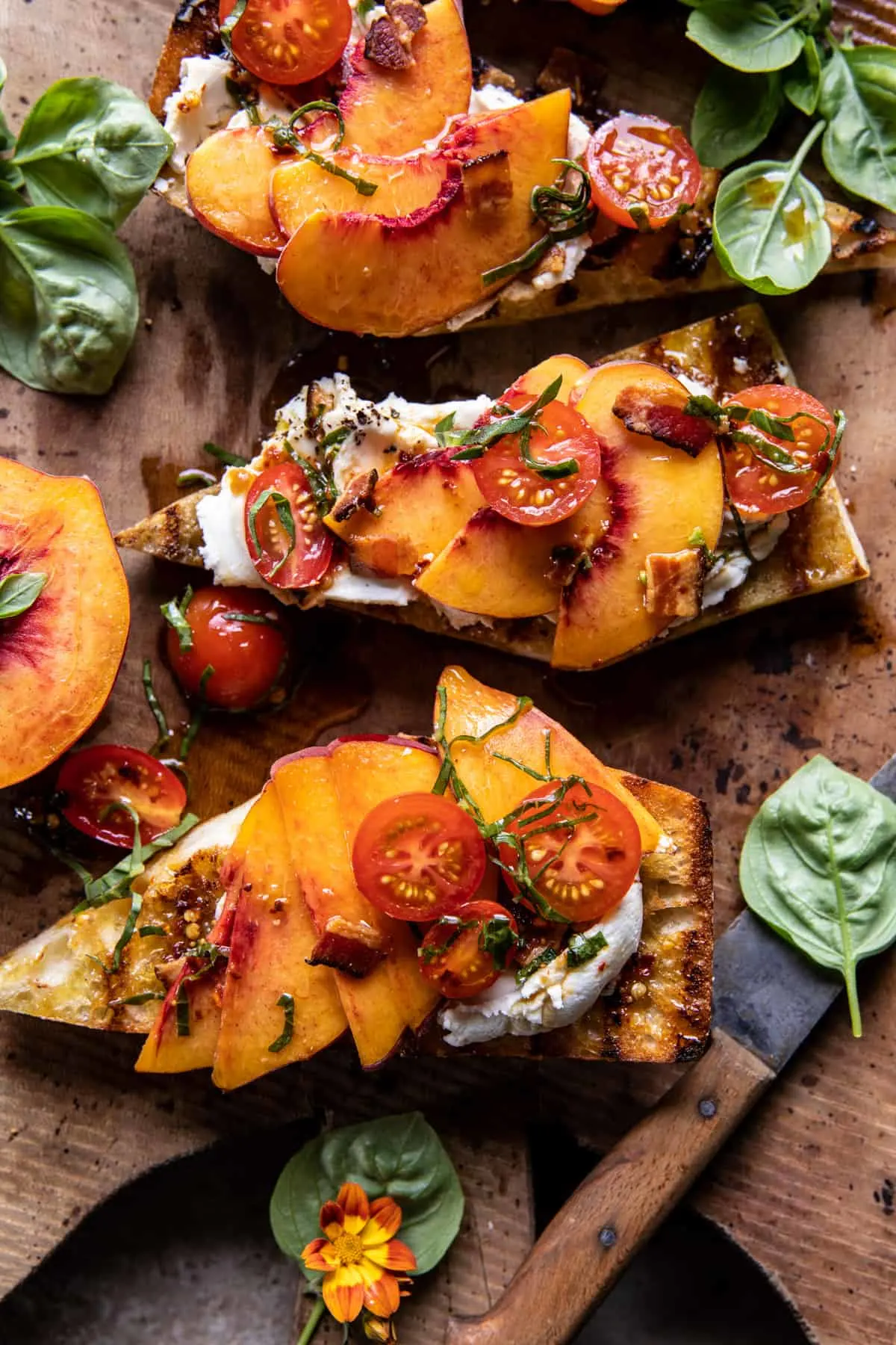 tomato-peach-crostini-with-hot-bacon-dressing