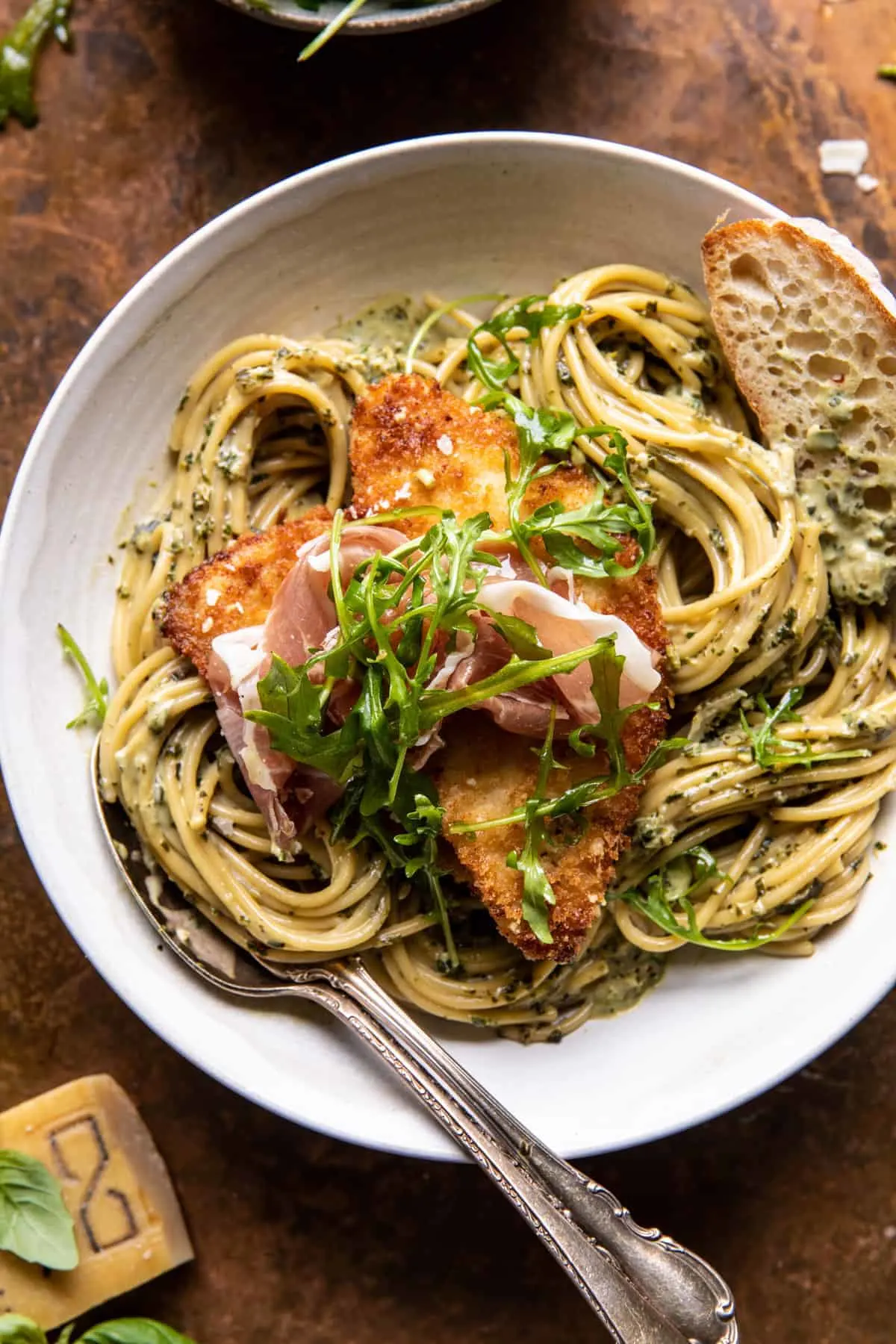 basil-parmesan-pasta-with-crispy-chicken-prosciutto-and-arugula