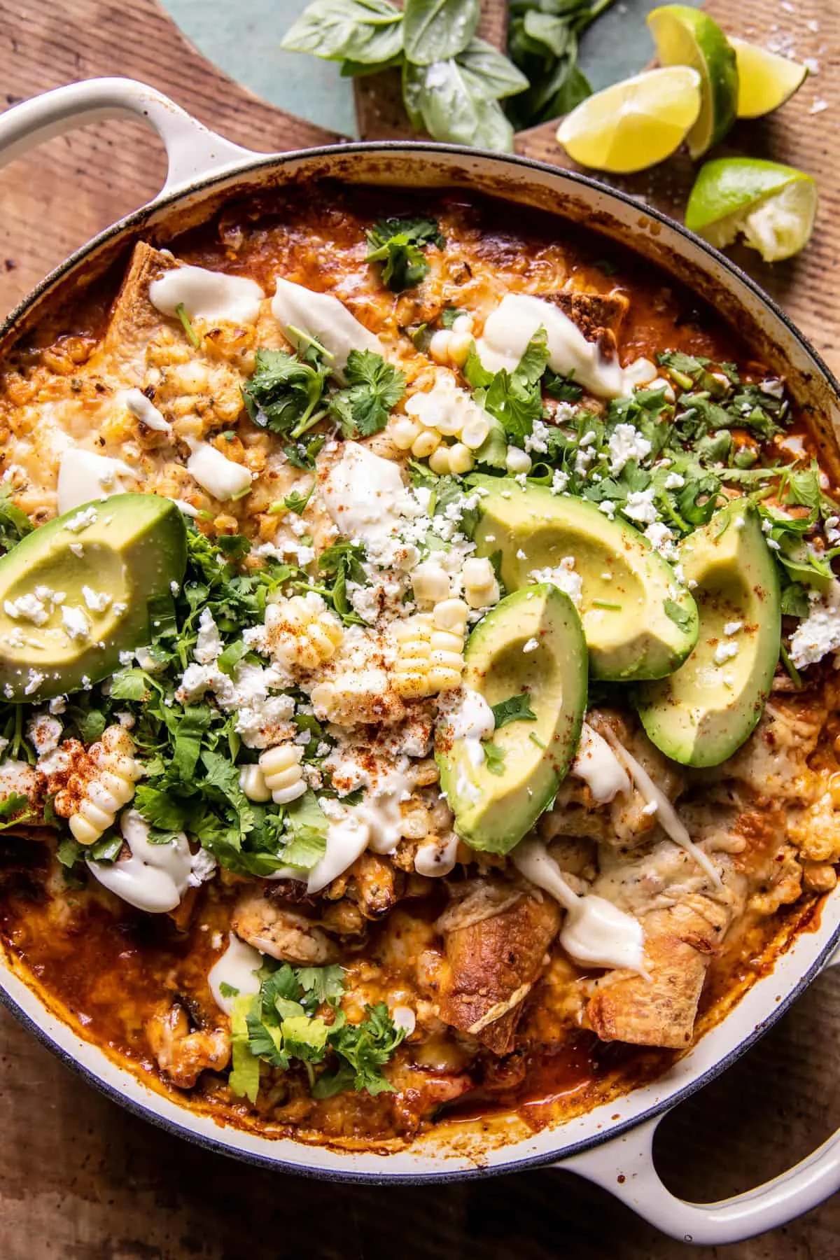 one-skillet-street-corn-chicken-enchilada-bake