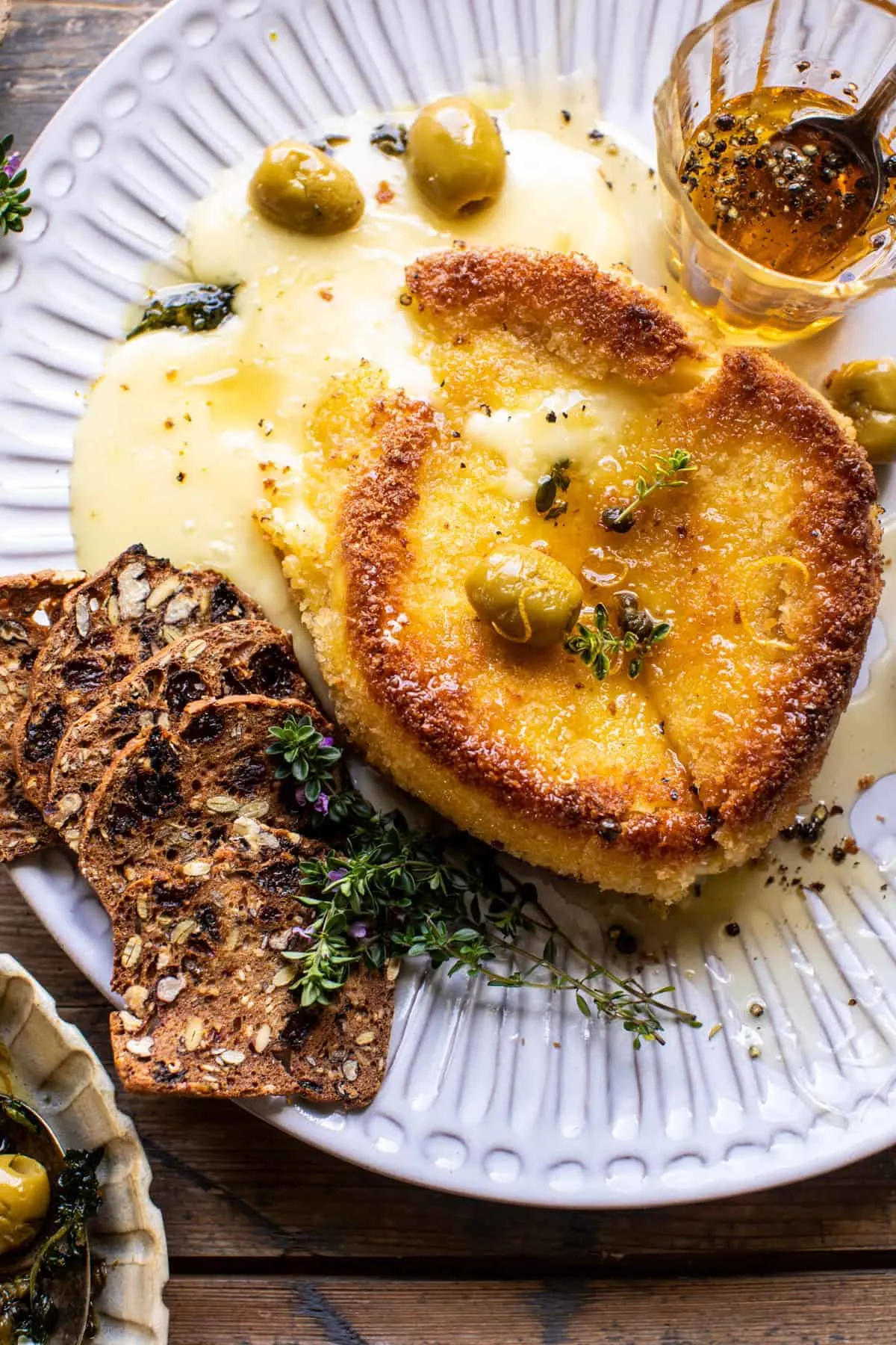 pan-fried-brie-with-peppered-honey-and-olives