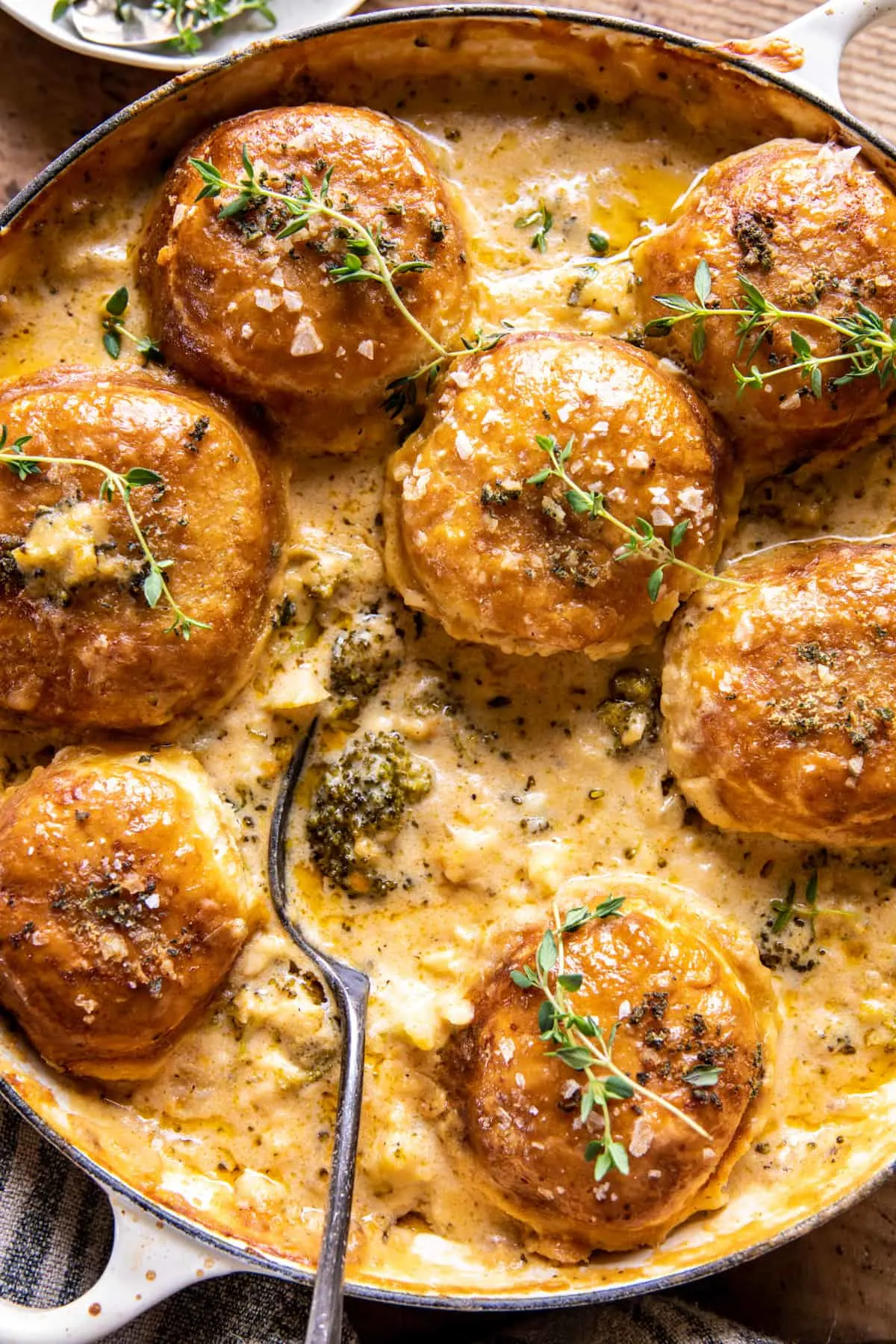 creamy-broccoli-cheddar-casserole-with-garlic-butter-pretzels.