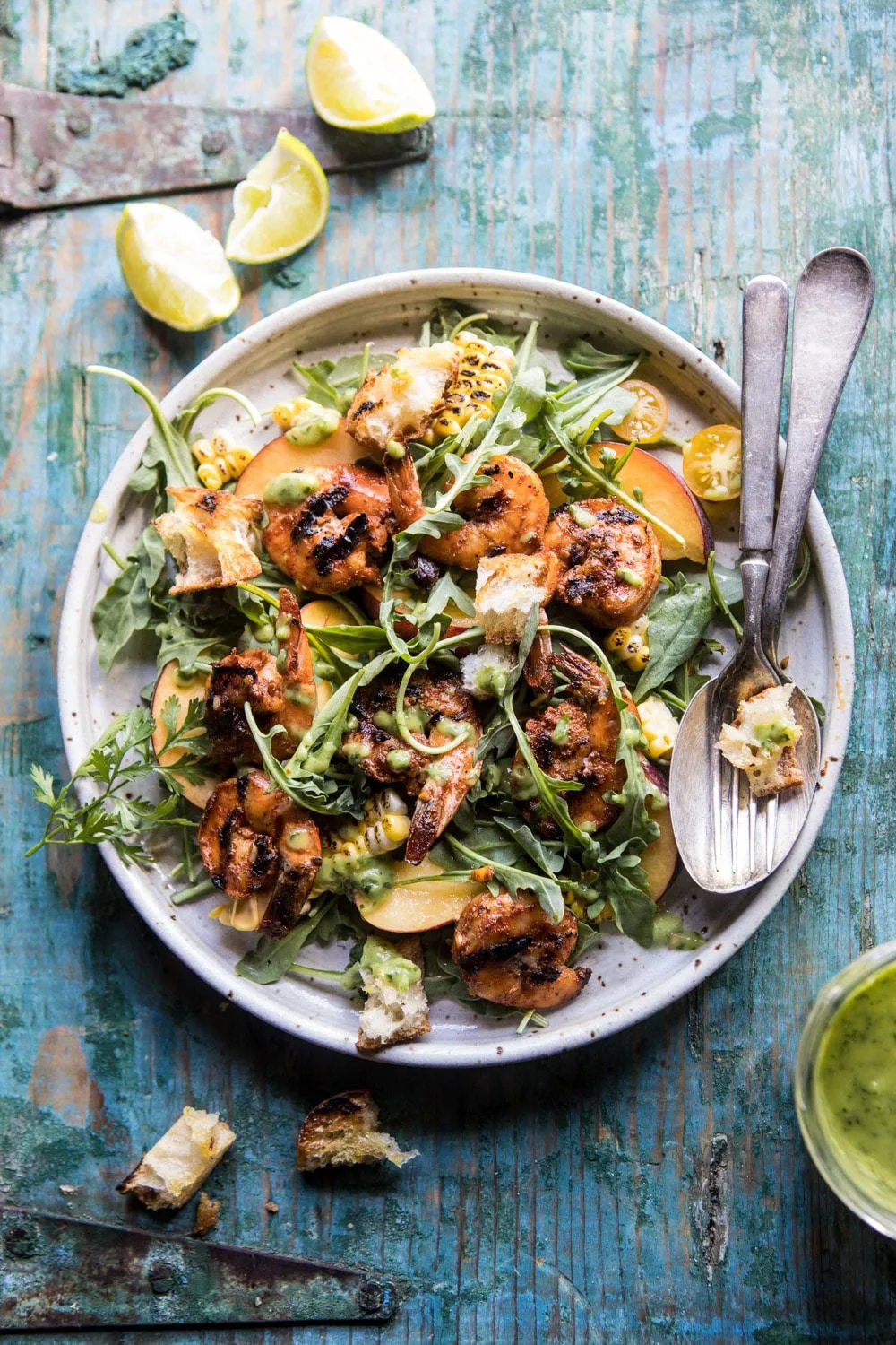 zesty-grilled-shrimp-bread-and-sweet-peach-salad-with-avocado-vinaigrette