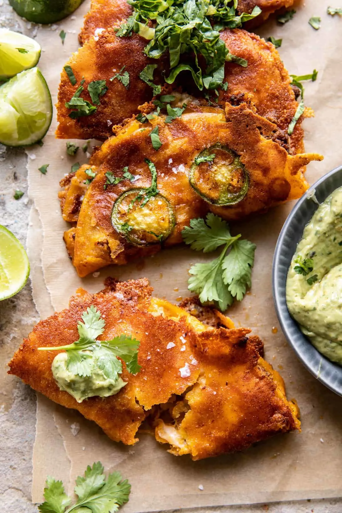 crispy-cheese-chicken-tacos-with-avocado-cilantro-sauce