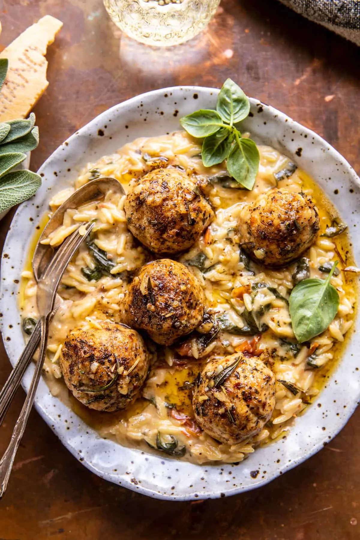 crockpot-garlic-butter-chicken-meatballs-with-creamy-orzo