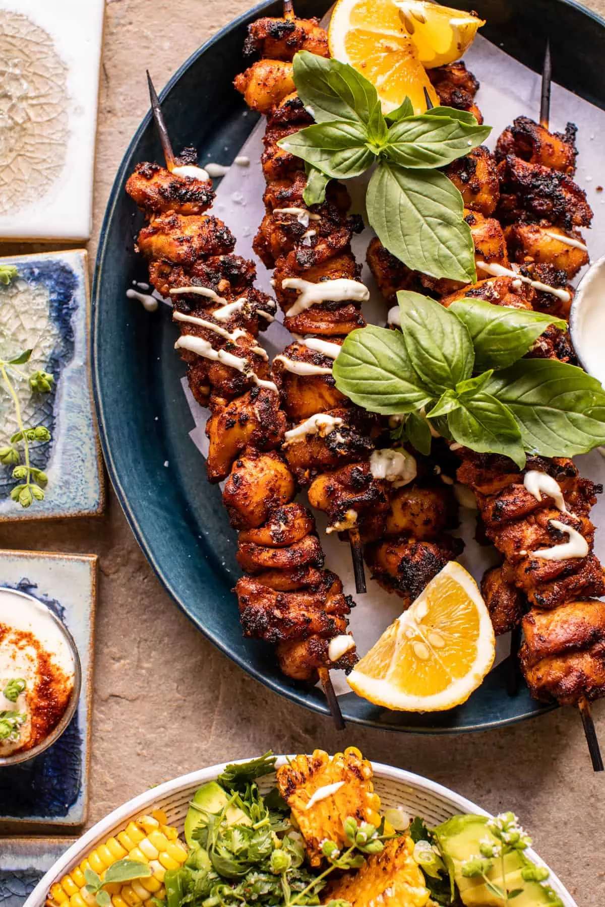 lemon-feta-paprika-chicken-skewers-with-charred-corn