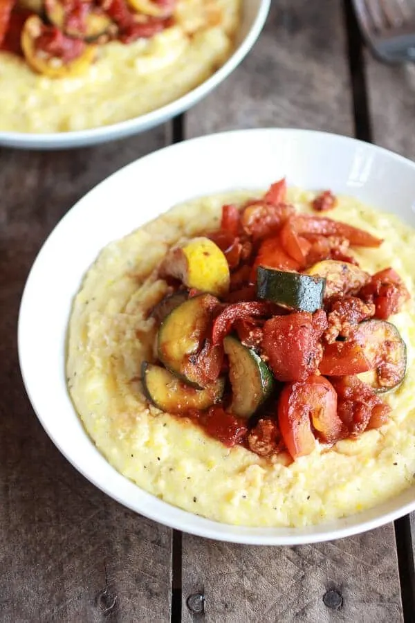 ratatouille-with-spicy-italian-chicken-sausage-and-creamy-polenta