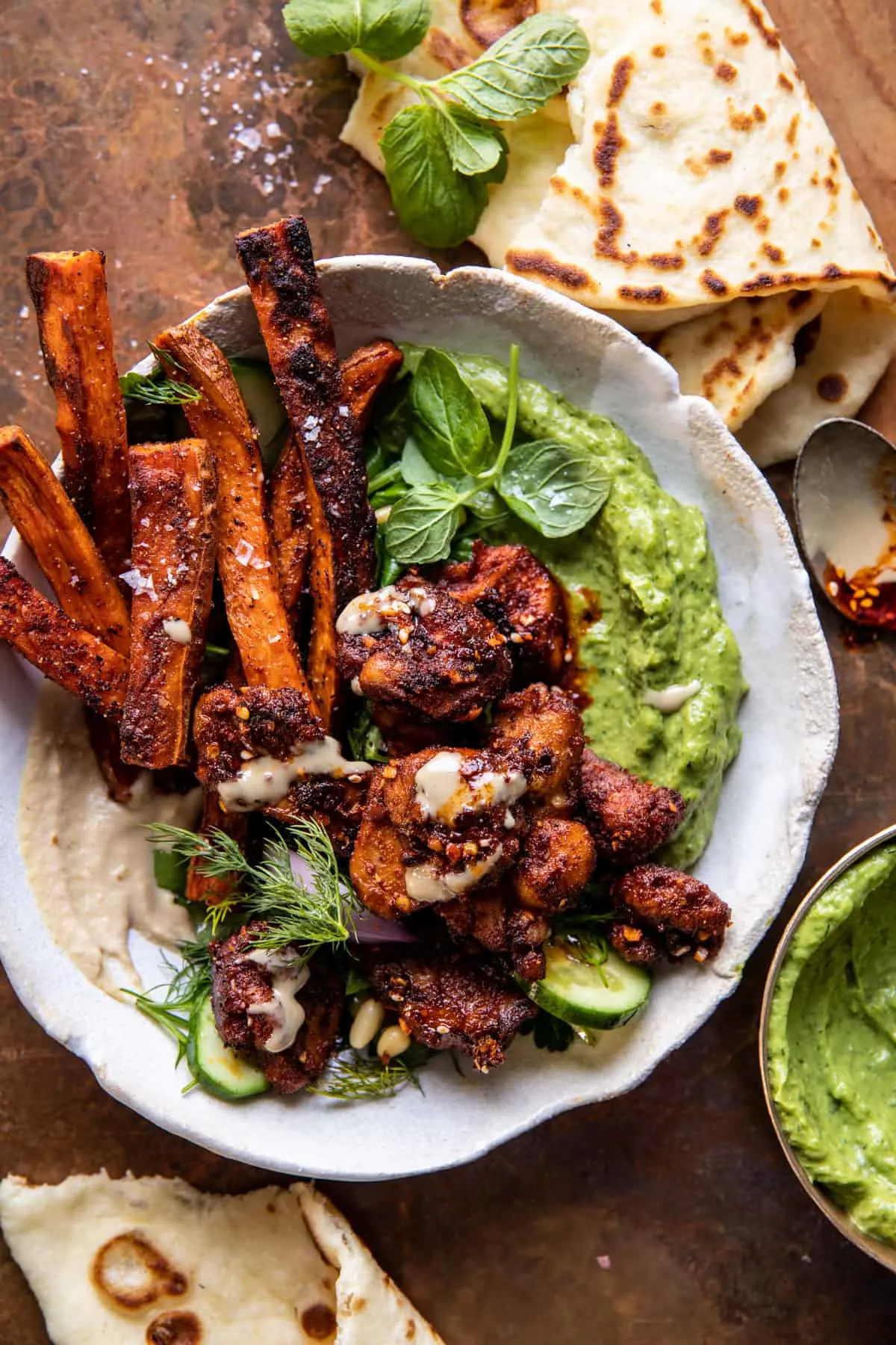sheet-pan-lemon-chicken-with-sweet-potatoes-and-avocado-goddess-sauce