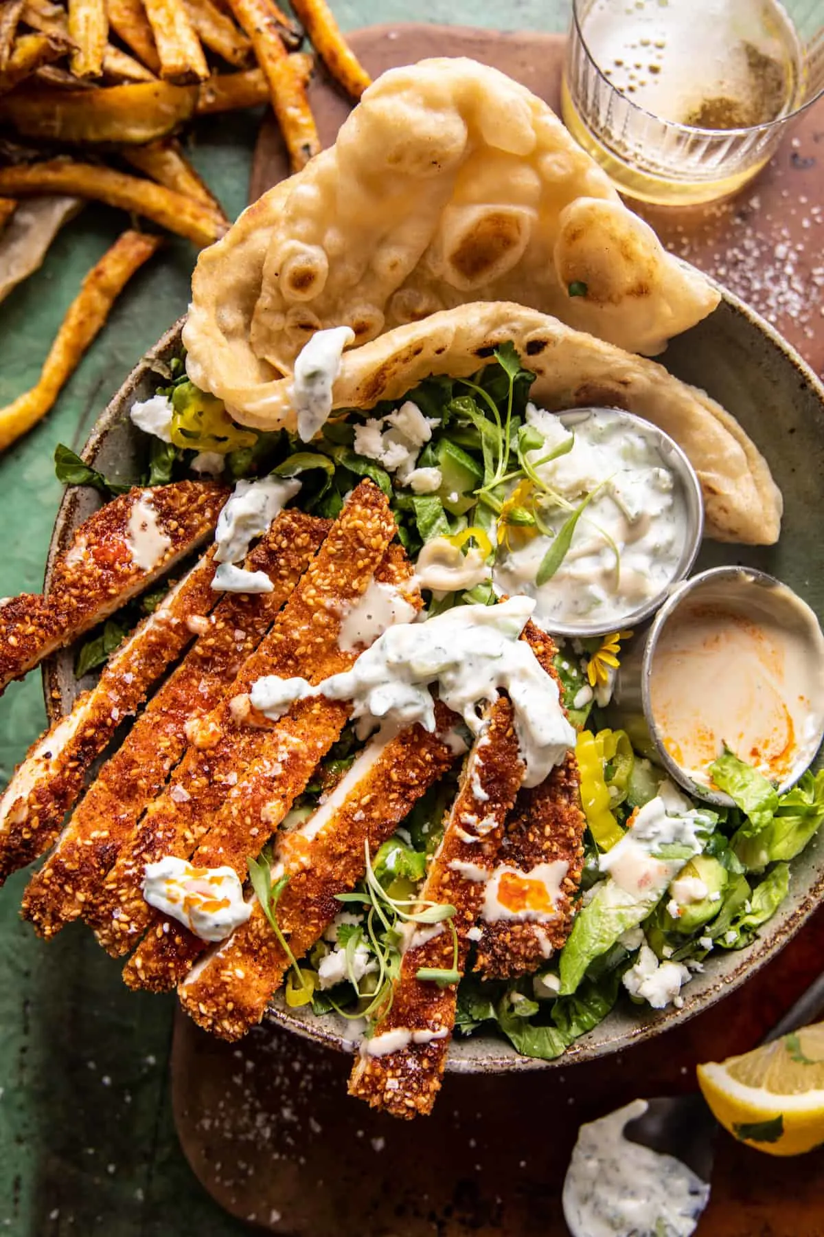 sesame-chicken-schnitzel-bowls-with-feta-tzatziki