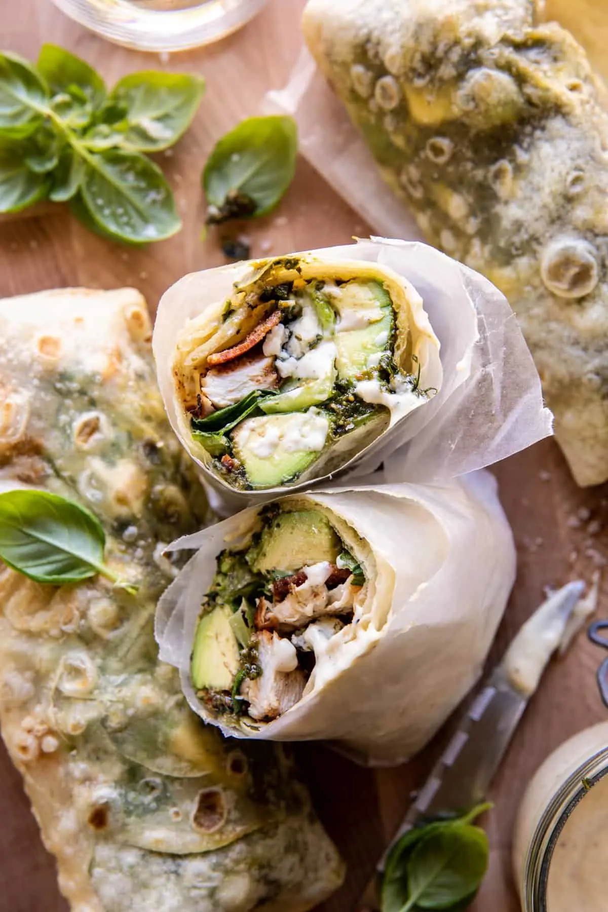 pesto-chicken-and-avocado-bacon-salad-wraps