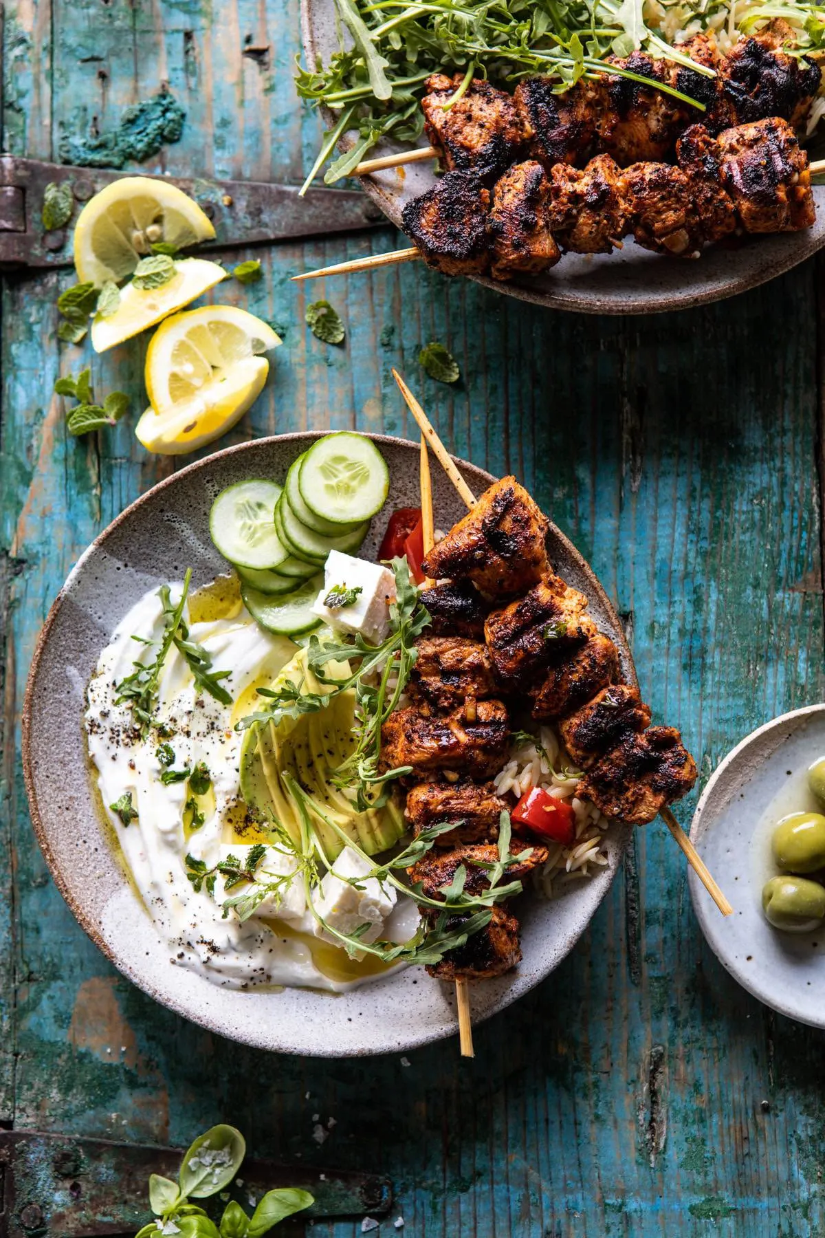greek-lemon-chicken-bowls-with-sizzled-mint-goddess-sauce
