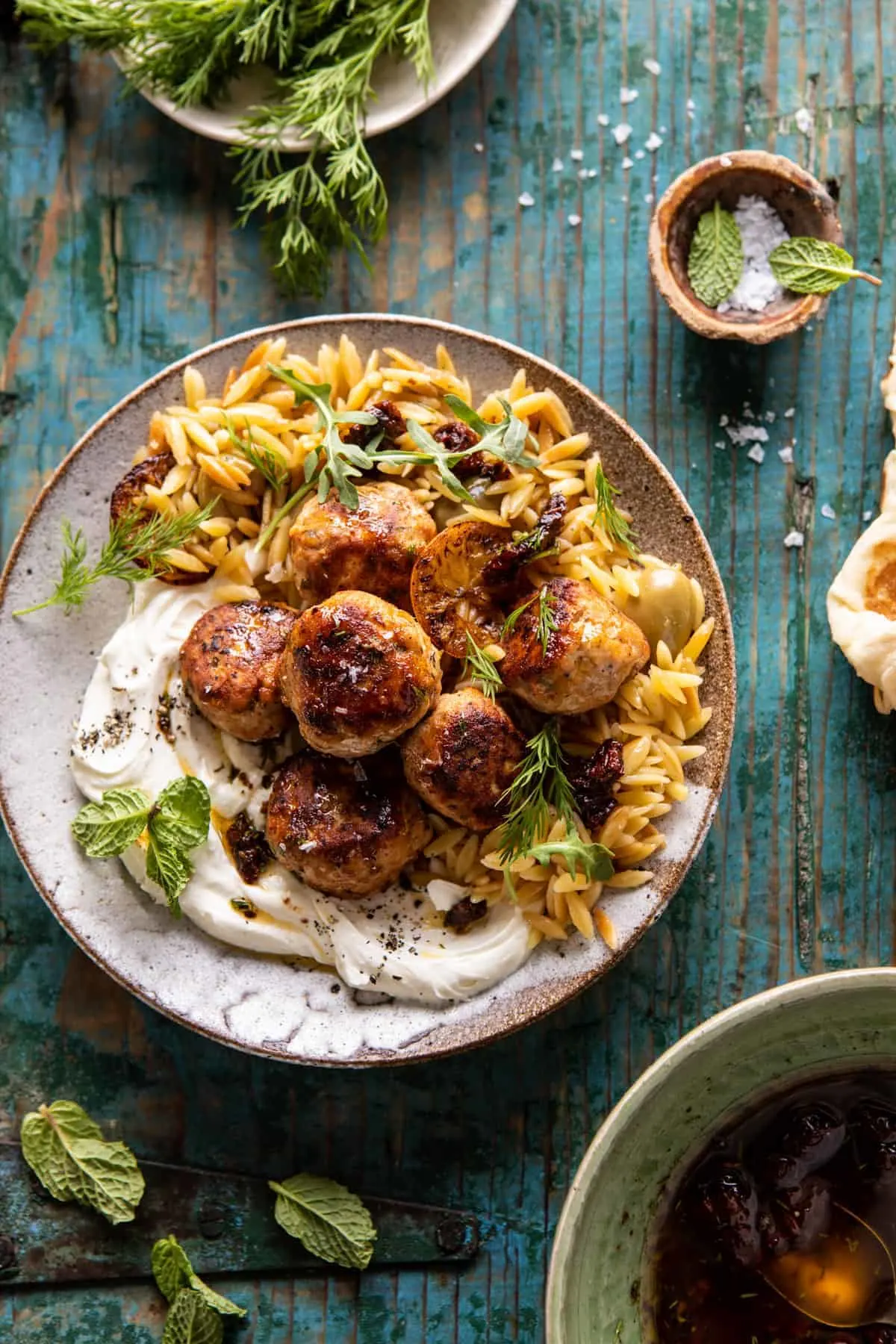 one-skillet-greek-meatballs-and-lemon-butter-orzo-with-whipped-feta