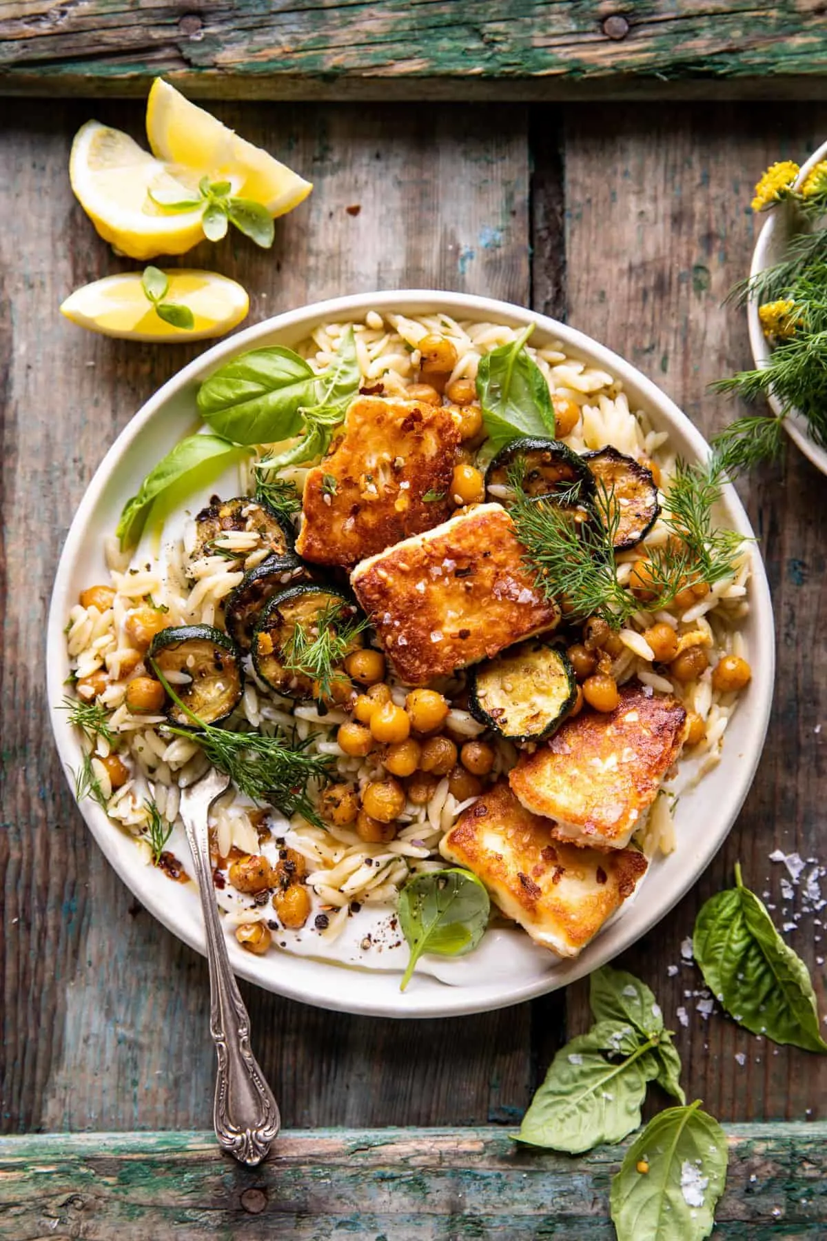 crispy-lemon-feta-with-spiced-chickpeas-and-basil-orzo