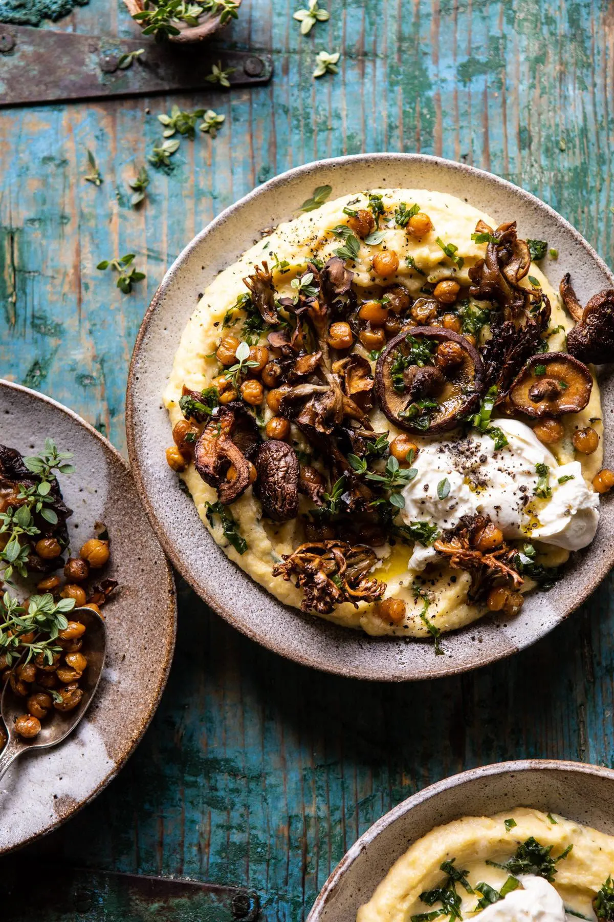 pesto-polenta-with-thyme-roasted-mushrooms-and-chickpeas