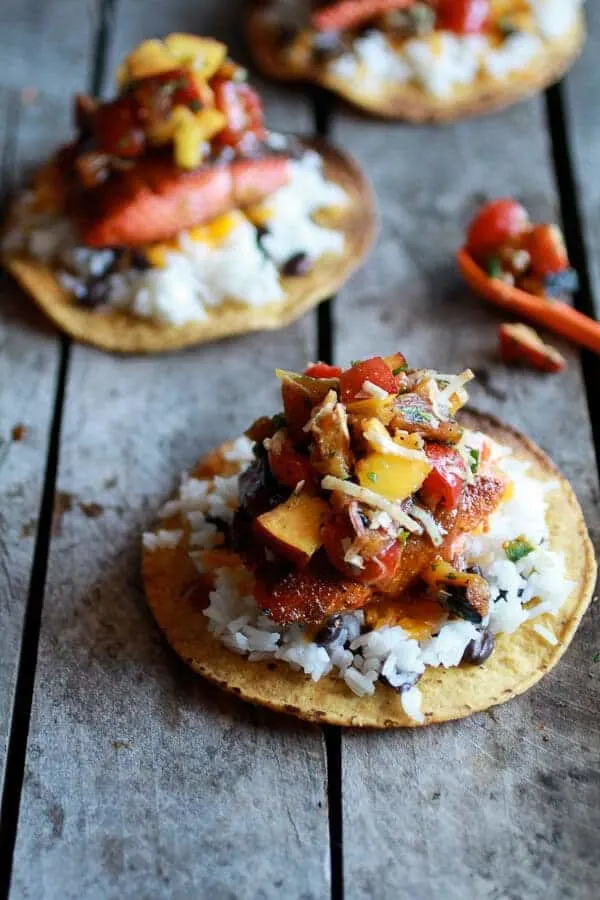 caribbean-jerk-salmon-tostadas-with-grilled-pineapple-peach-coconut-salsa