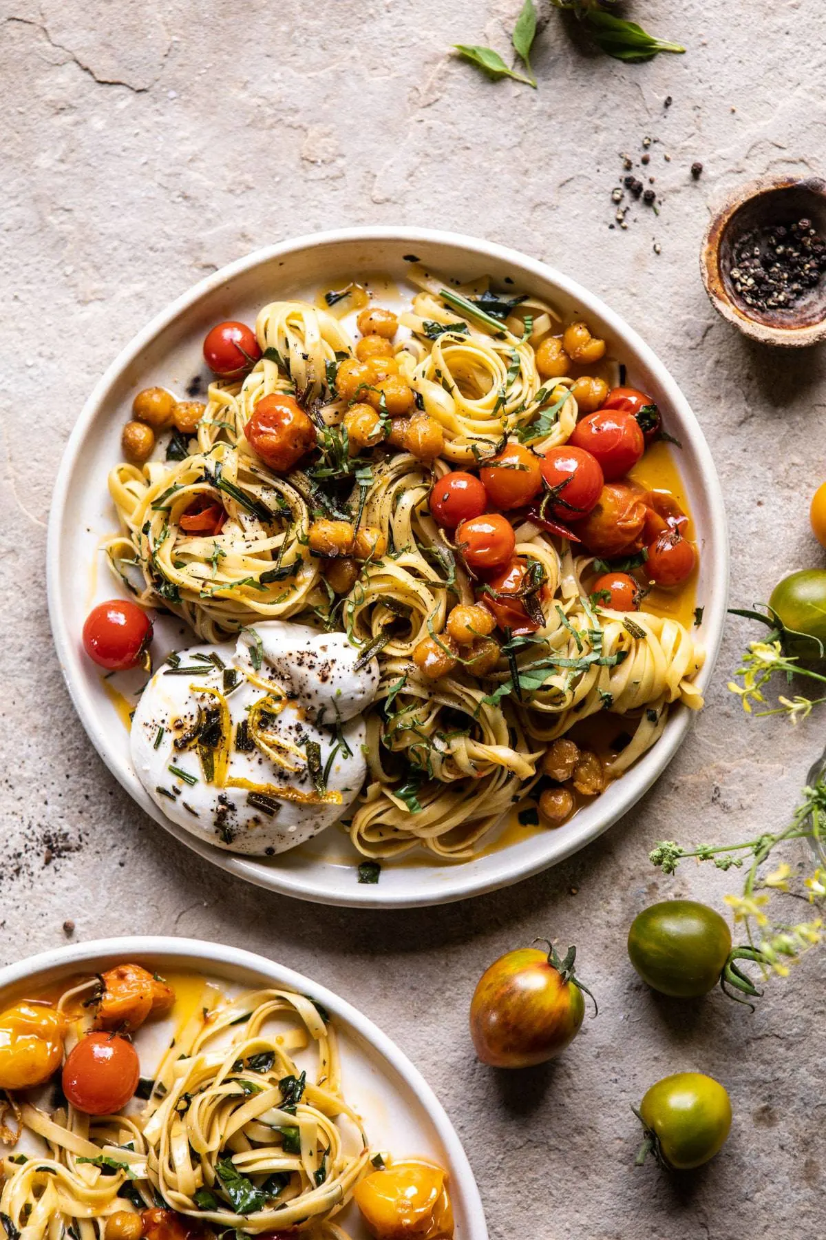 jammy-cherry-tomato-pasta-with-crisp-lemon-rosemary-chickpeas