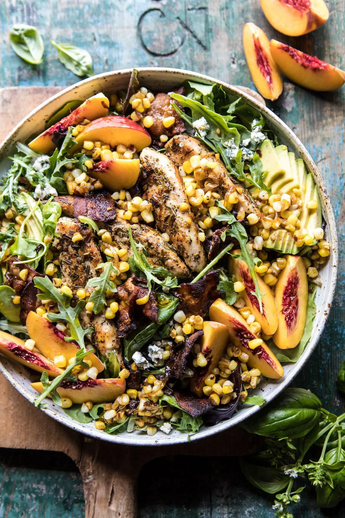 rosemary-chicken-caramelized-corn-and-peach-salad-with-hot-bacon-vinaigrette
