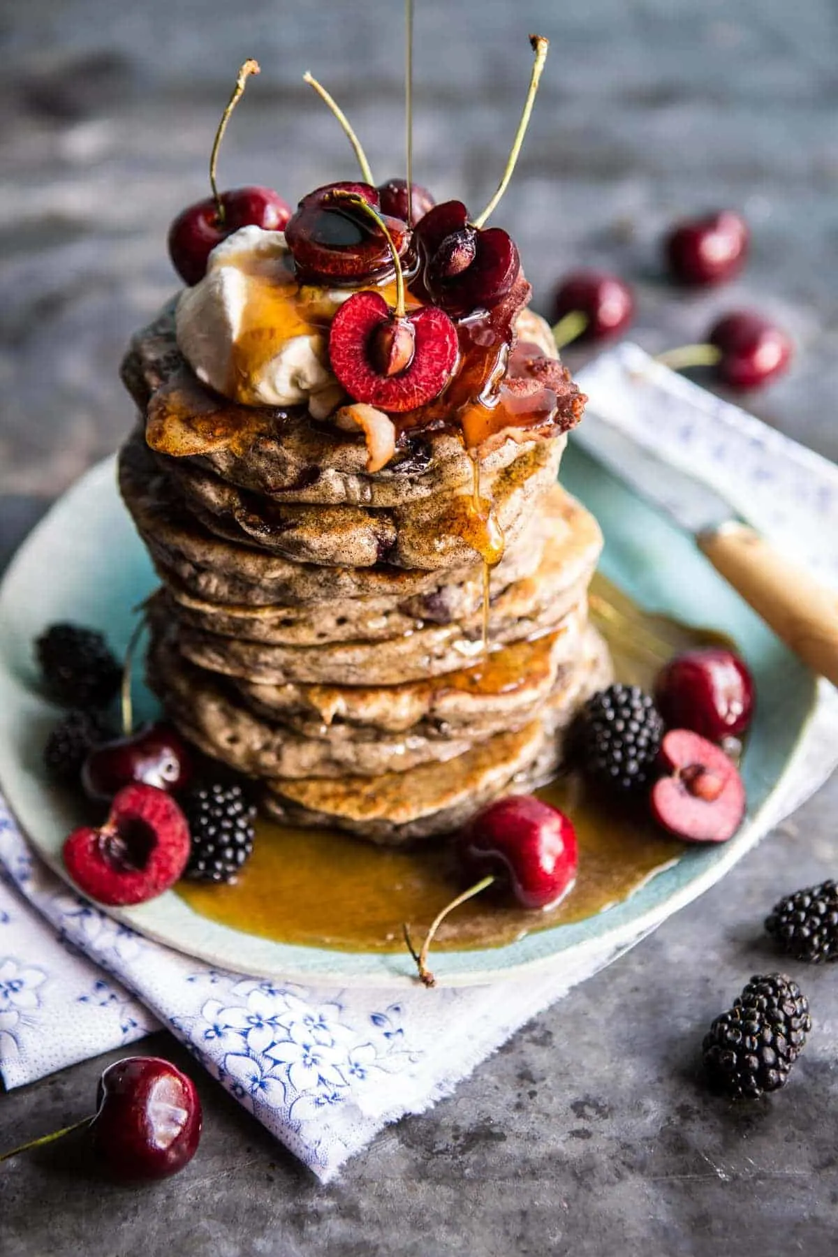 sweet-cherry-buckwheat-pancakes-with-bourbon-butter-syrup-bacon.